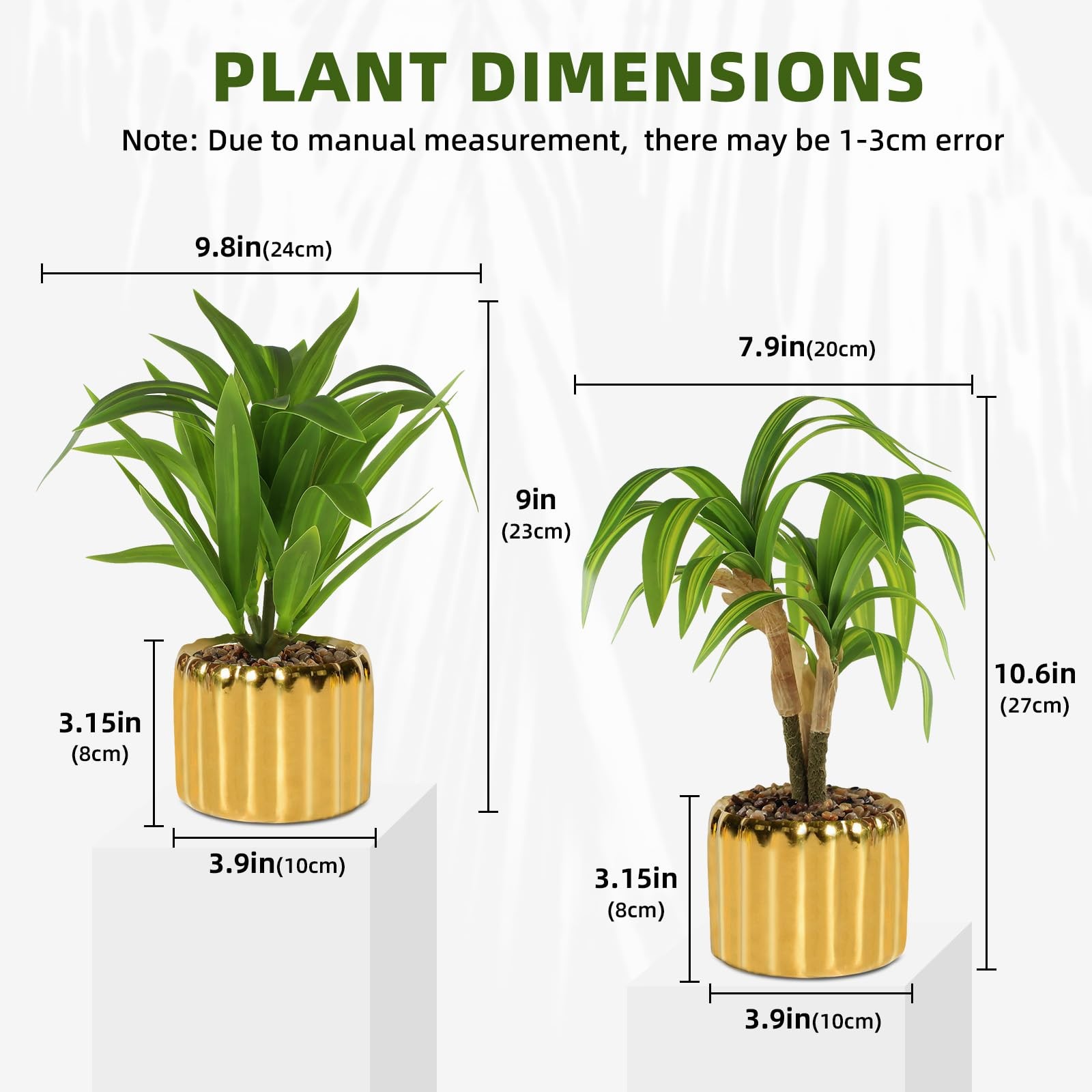 2 Pcs Artificial Dracaena Plant Golden Ceramic Pot Realistic Textured Faux Pl…