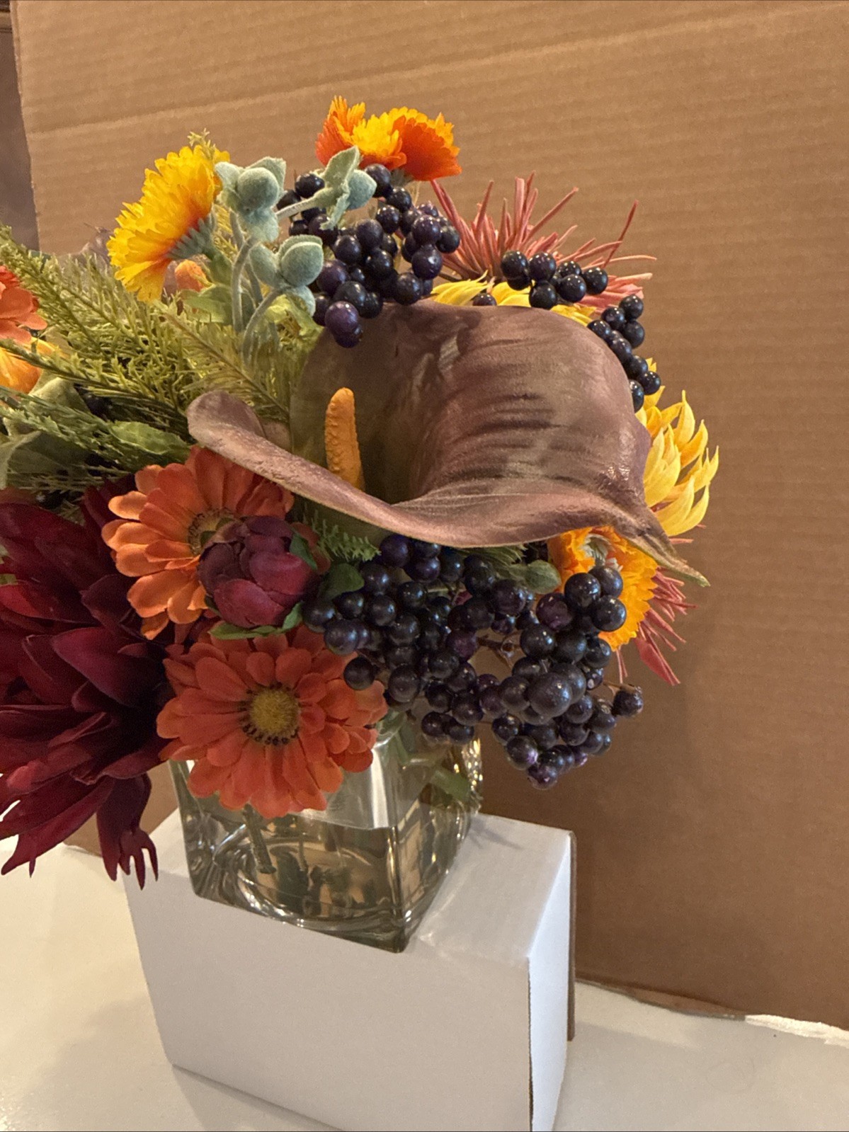 PETALS SPIDER MUM & Blackberries Silk Flowers Centerpiece 11” Height & 13” Width
