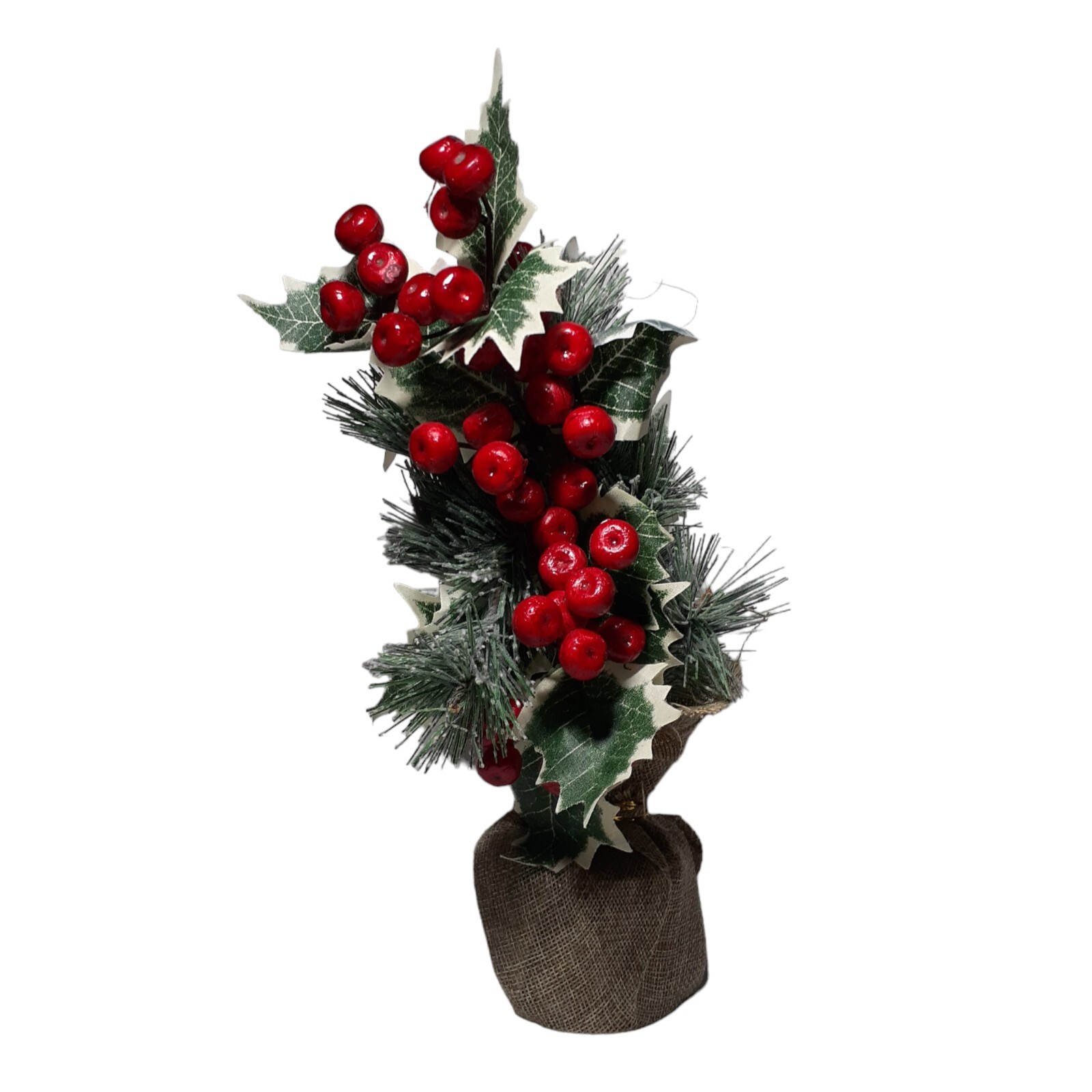 Home Decor Plant Artificial Holly Berries Pine Ivy Greenery In Burlap Winter 11″