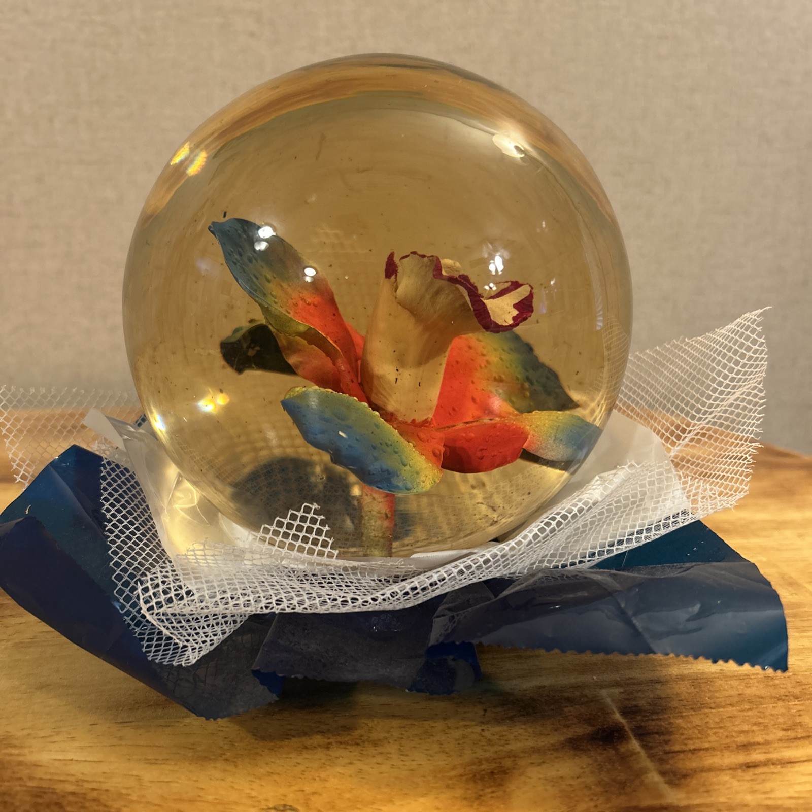 Bill Doran multicolored 6” Orchid flower glass paperweight