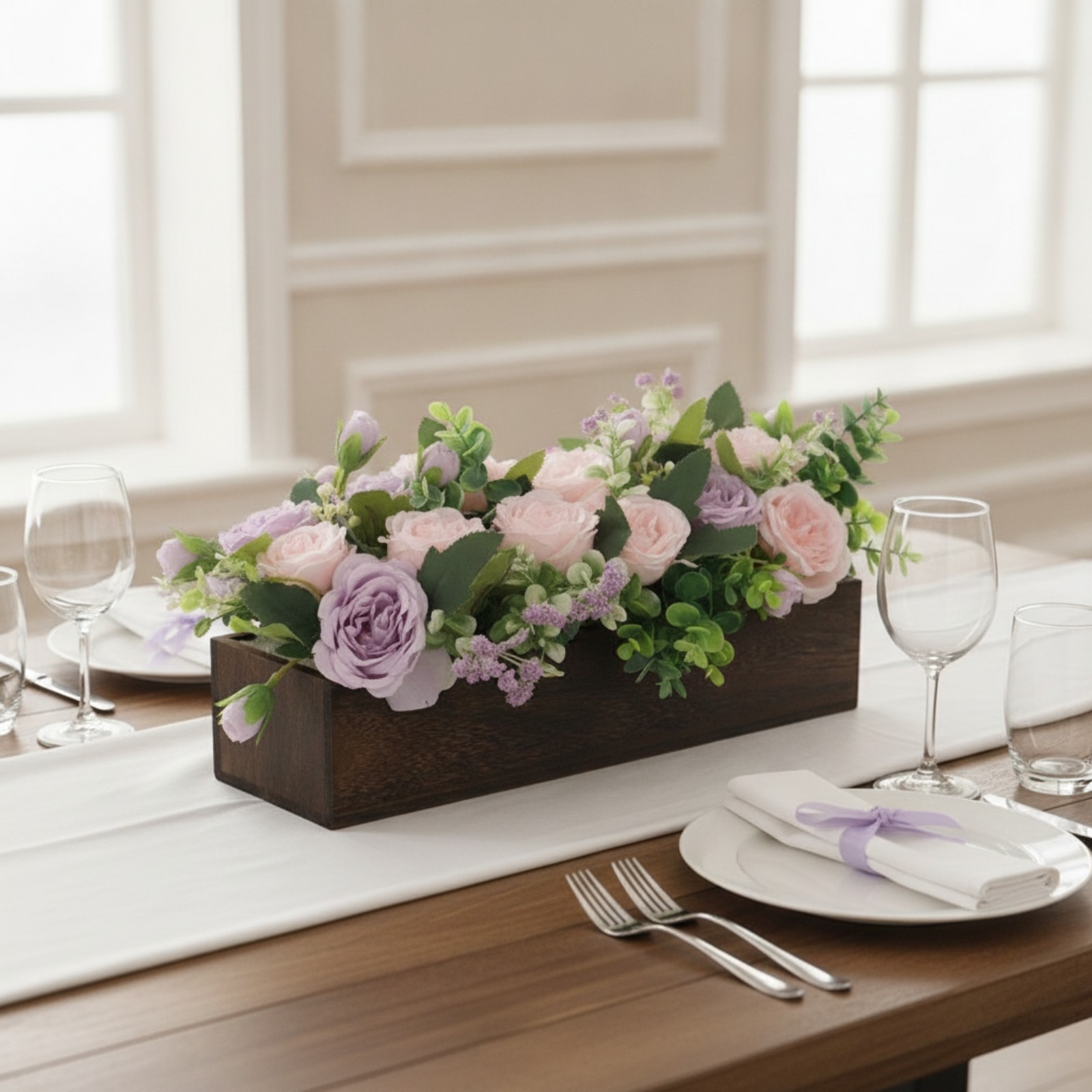 Faux Floral Centerpiece with Wooden Planter Box Full for Bridal Parties