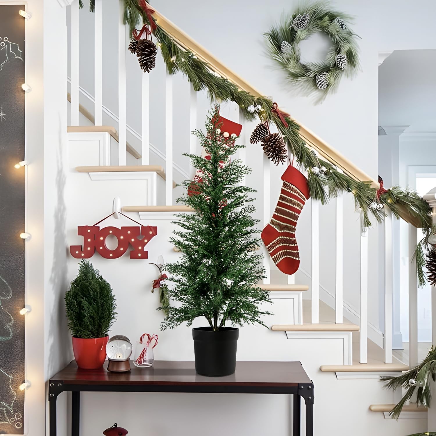 3FT Artificial Cedar Topiary Trees for Indoor Outdoors, Potted Fake Cypress C…