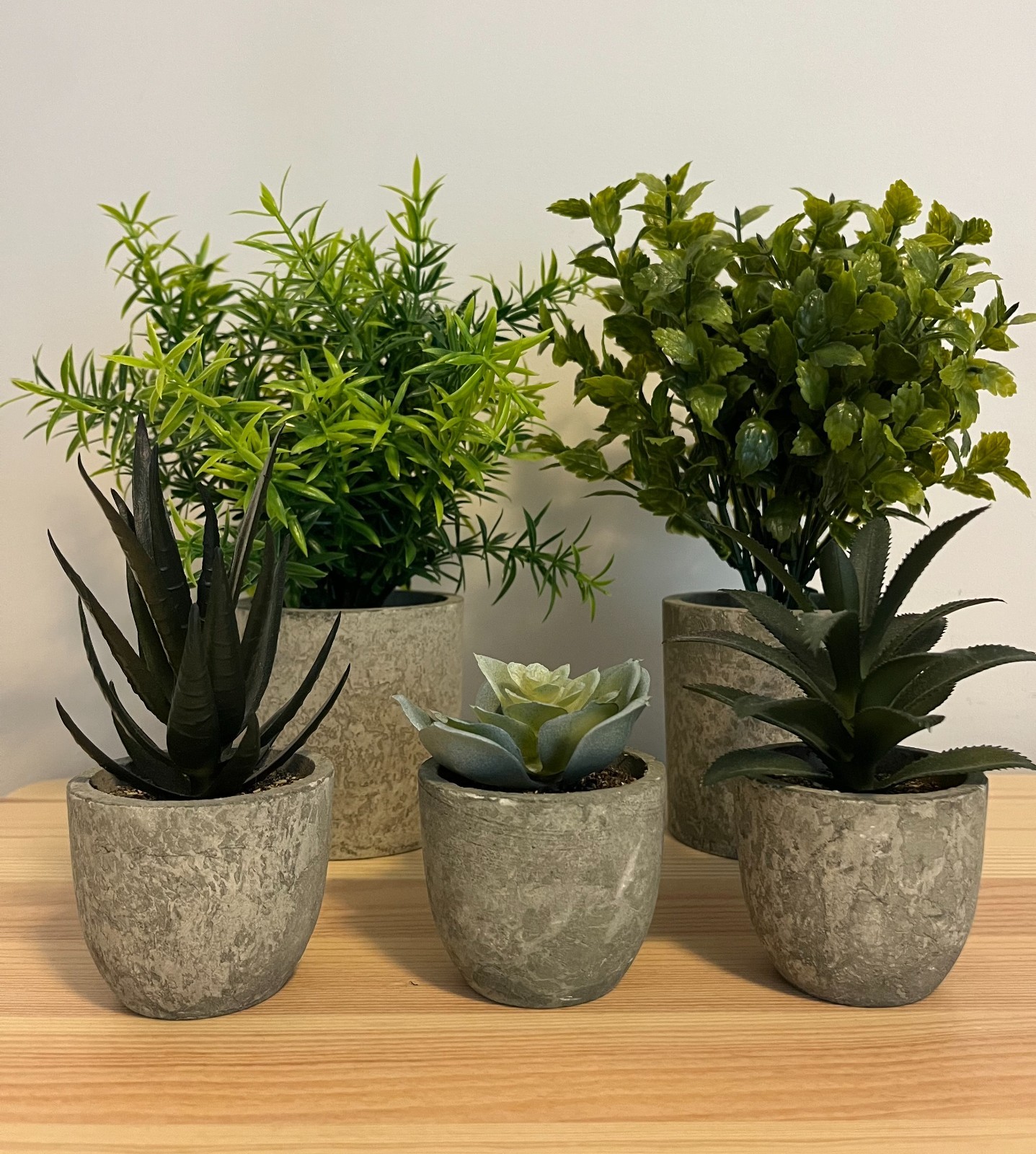 Memeaty Set of 5 Small Artificial Plants | Fake Rosemary Peppermint Succulents