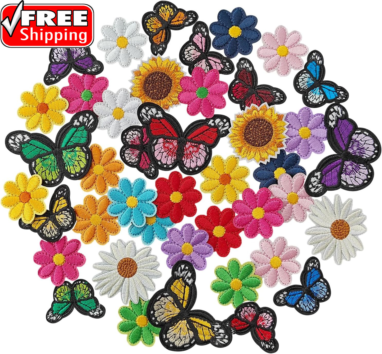 42PCS Flower & Butterfly Iron on Patches, Sew on Embroidered Applique Flower & B