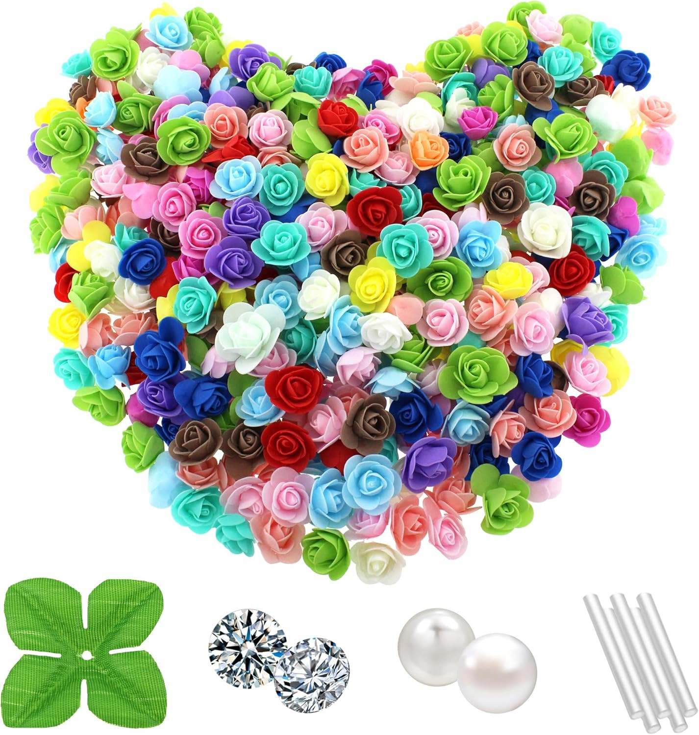 500 Pcs 1.4 Inch Mini Artificial Flowers Head Bulk 5 in 1 Set Faux Foam Fake