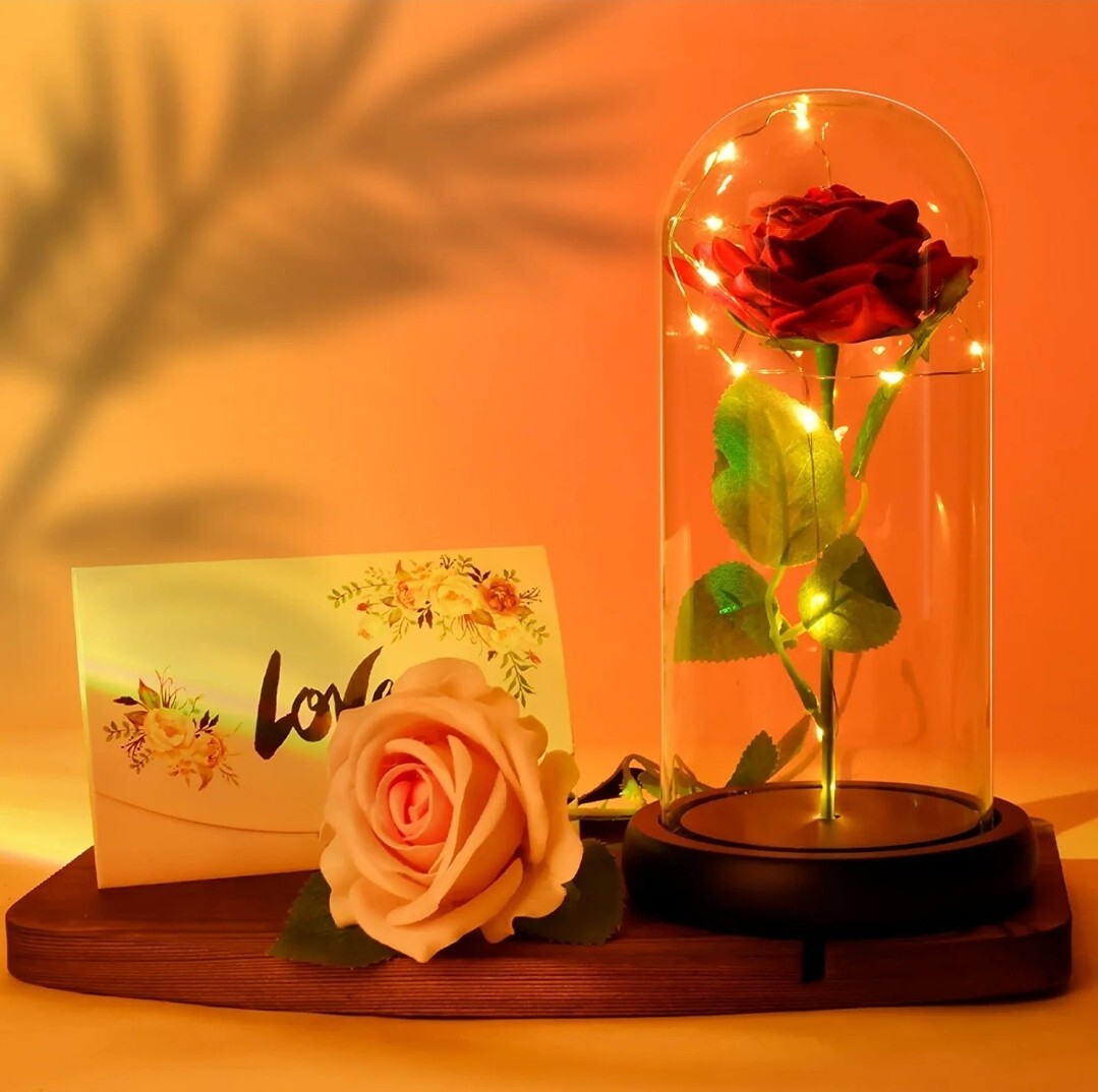 Red Artificial Galaxy Flower Rose Gift LED String Light Lamp in Glass Dome