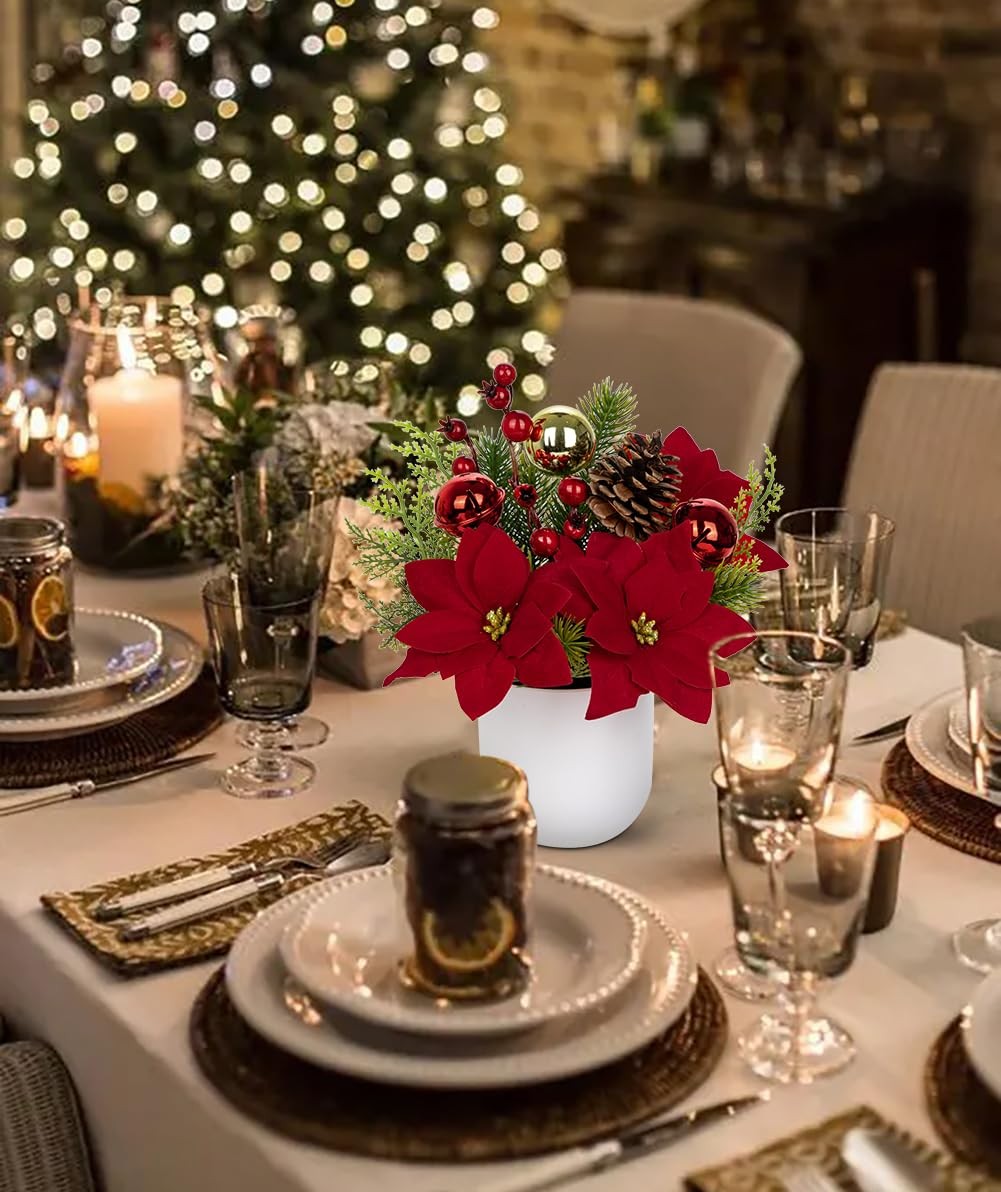 Small Christmas Tree Artificial Potted – 9″ Mini Fake Poinsettias Plant Table…