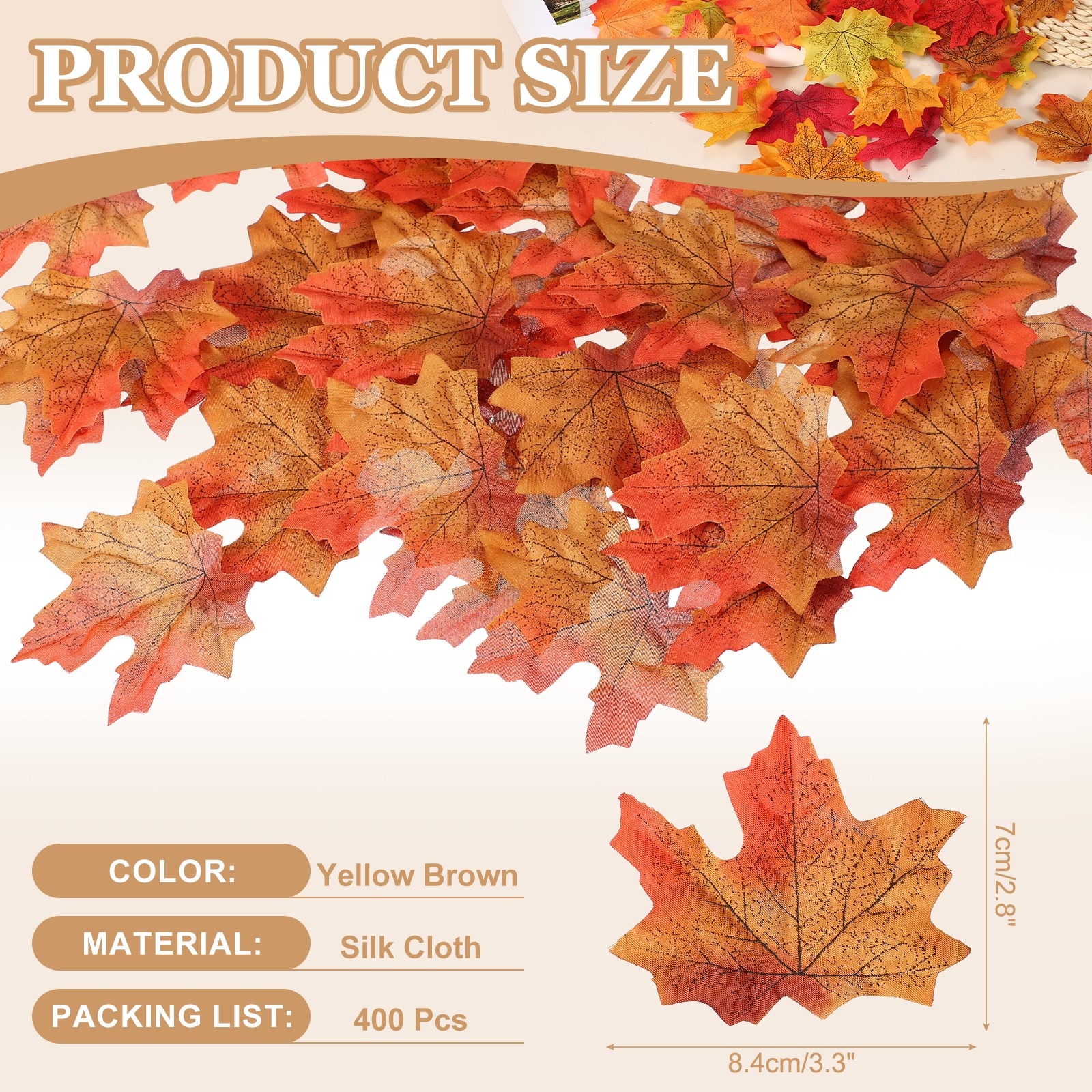 400Pcs Fall Leaves 3.3 Inch Colored Mixed Fake Leaf, Yellow Brown