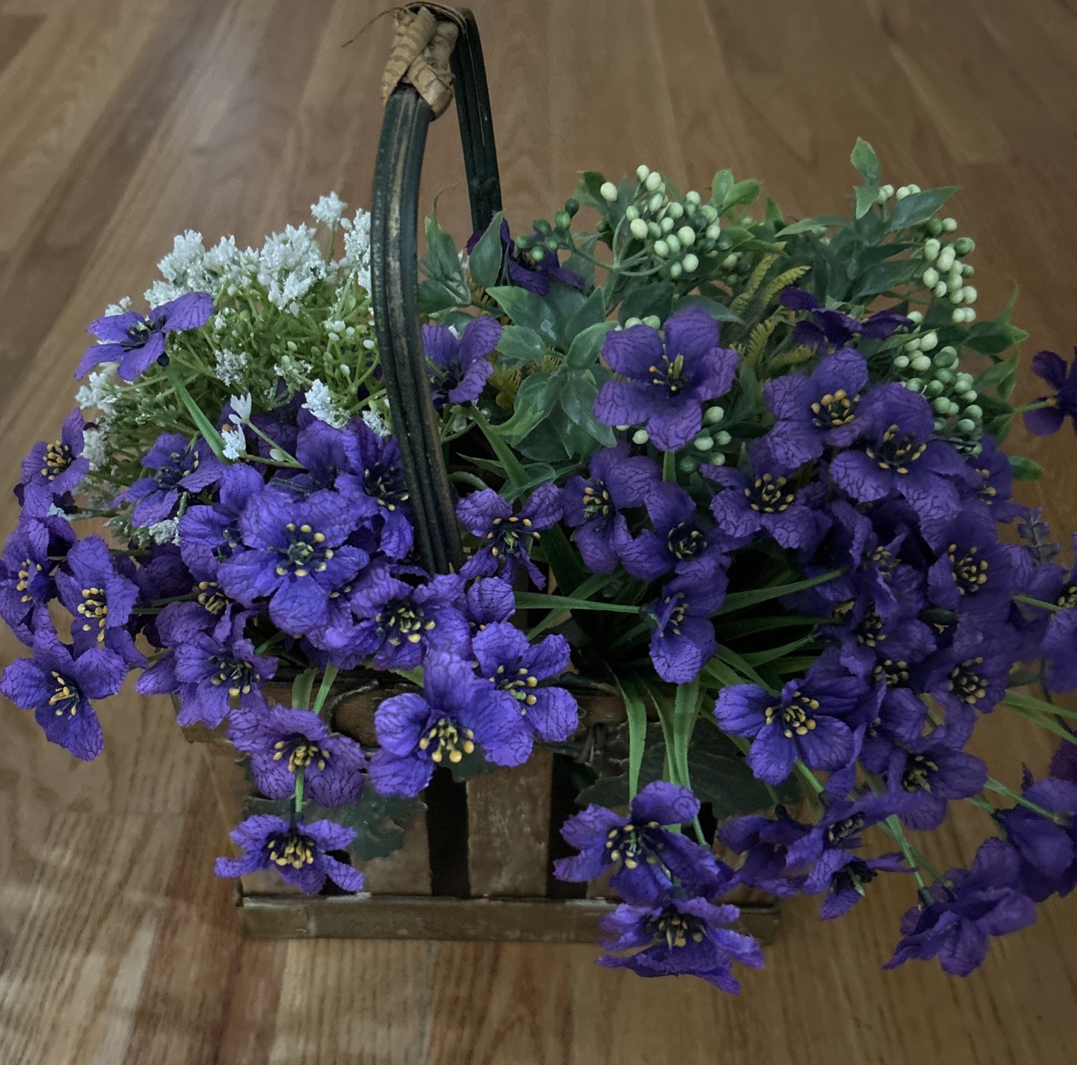 Beautiful Purple & White Floral Arrangement In A Crate With Handle Metal Leaves