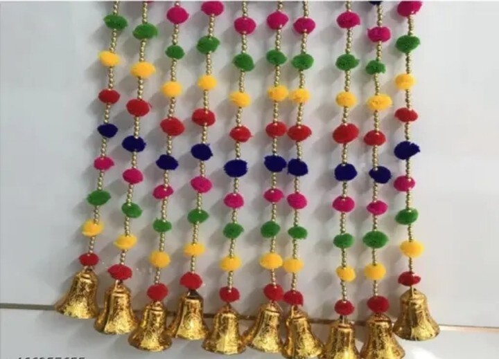 10 Pieces multiple strings adorned with colorful pompoms and small golden bells