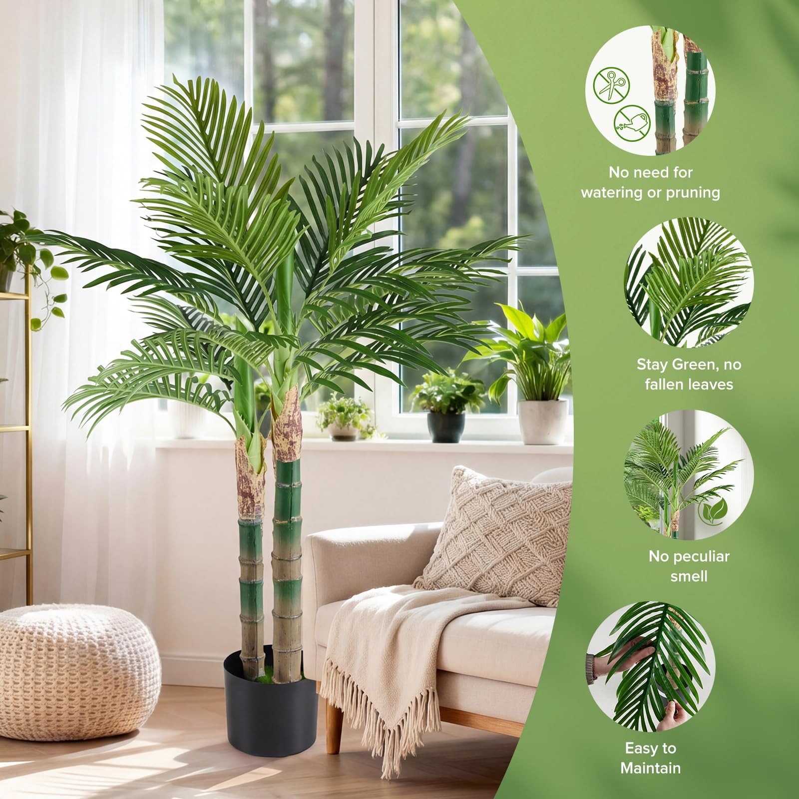 47in Artificial Palm Tree, Tall Faux Fake Plants Indoor with Black Planter Po…