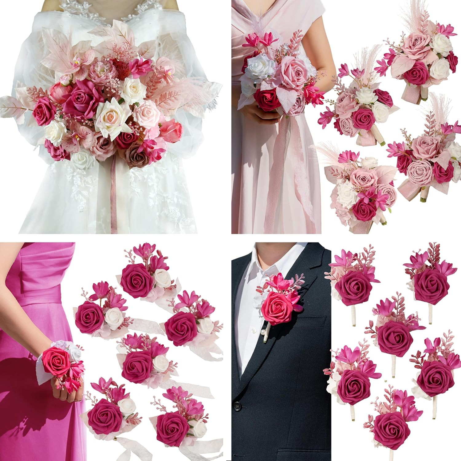 Hot Pink Artificial Wedding Flower Package for Rustic Vintage Ceremonies