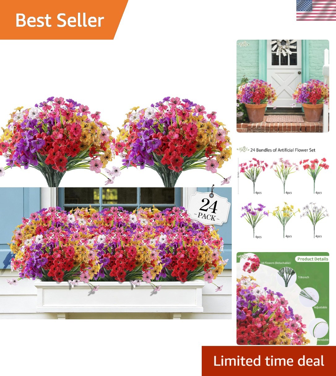 Versatile 24 Bundles of Durable Fake Flowers for Party & Garden Decoration