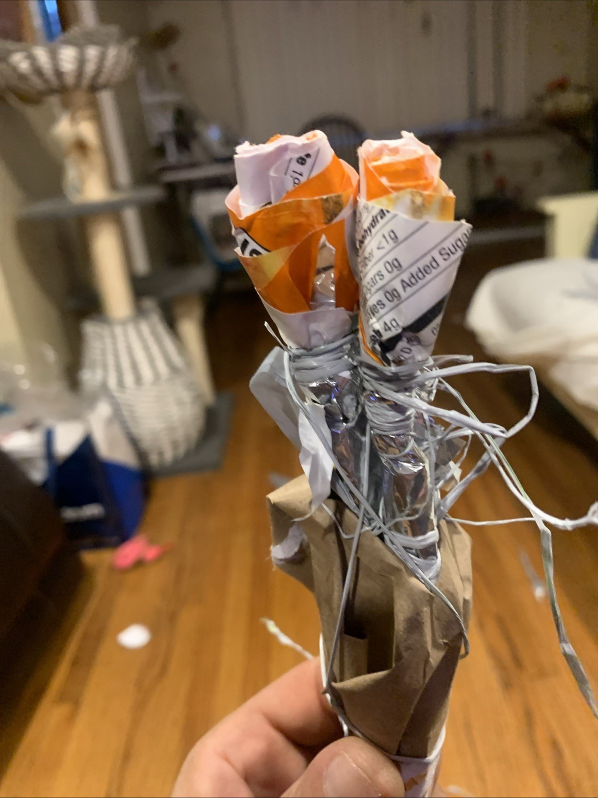 Three Rose Stems w/orange Rose Buds Made From •Gold Fish Snack Cover Wrap W Love