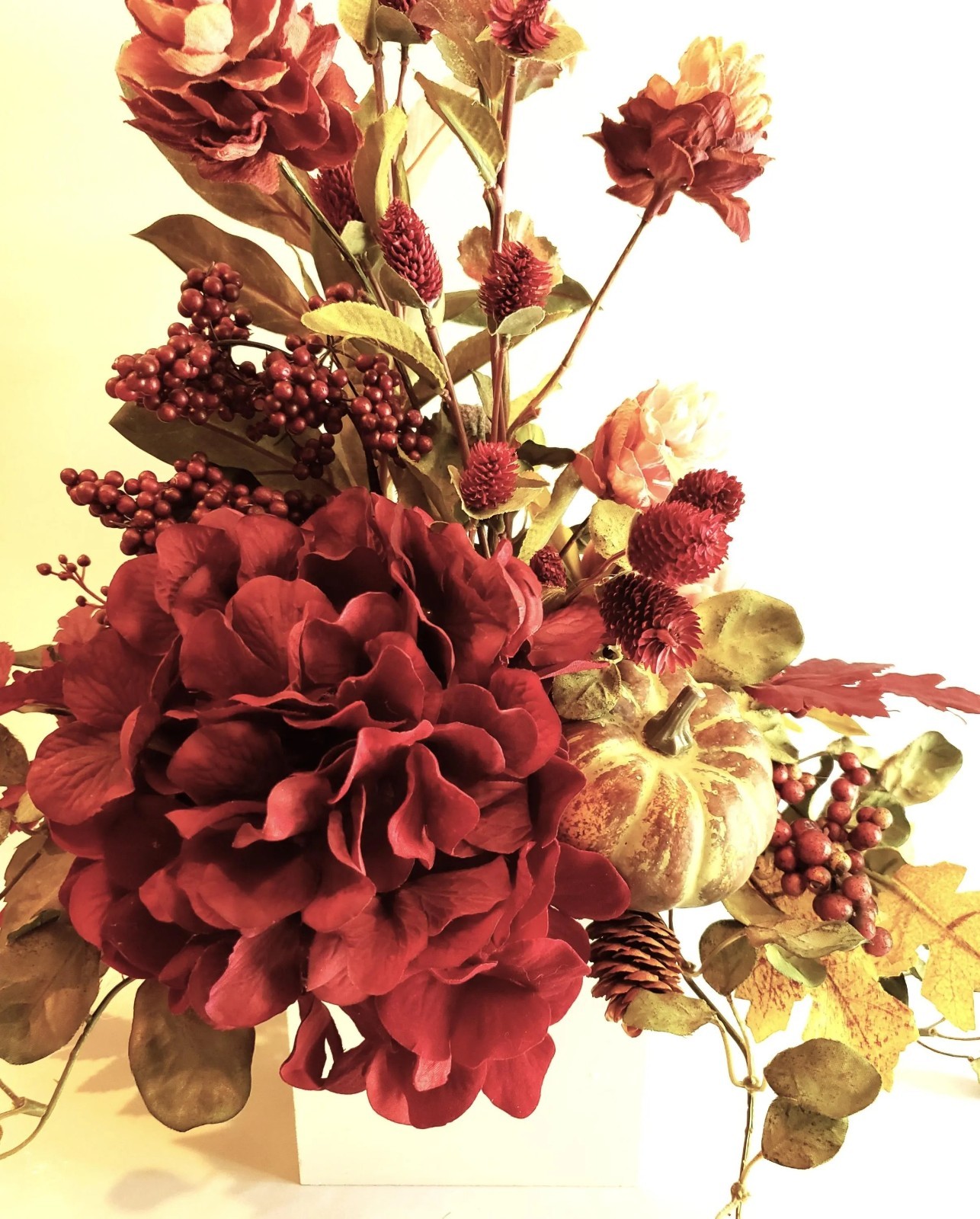 Fall Floral Arrangement, Burgundy Red Hydrangea Pumpkin Decor