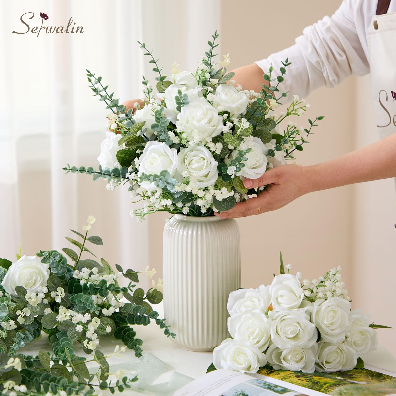 120 Pcs Mixed Eucalyptus Greenery Stems, White Silk Roses and Babys Breath Ar…