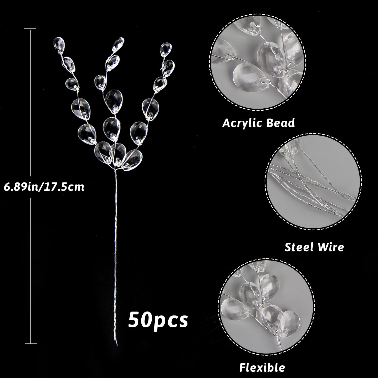 50pcs Acrylic Bead Drop Stems Flower Bouquet Crystal Bud Branches Flower Twig…