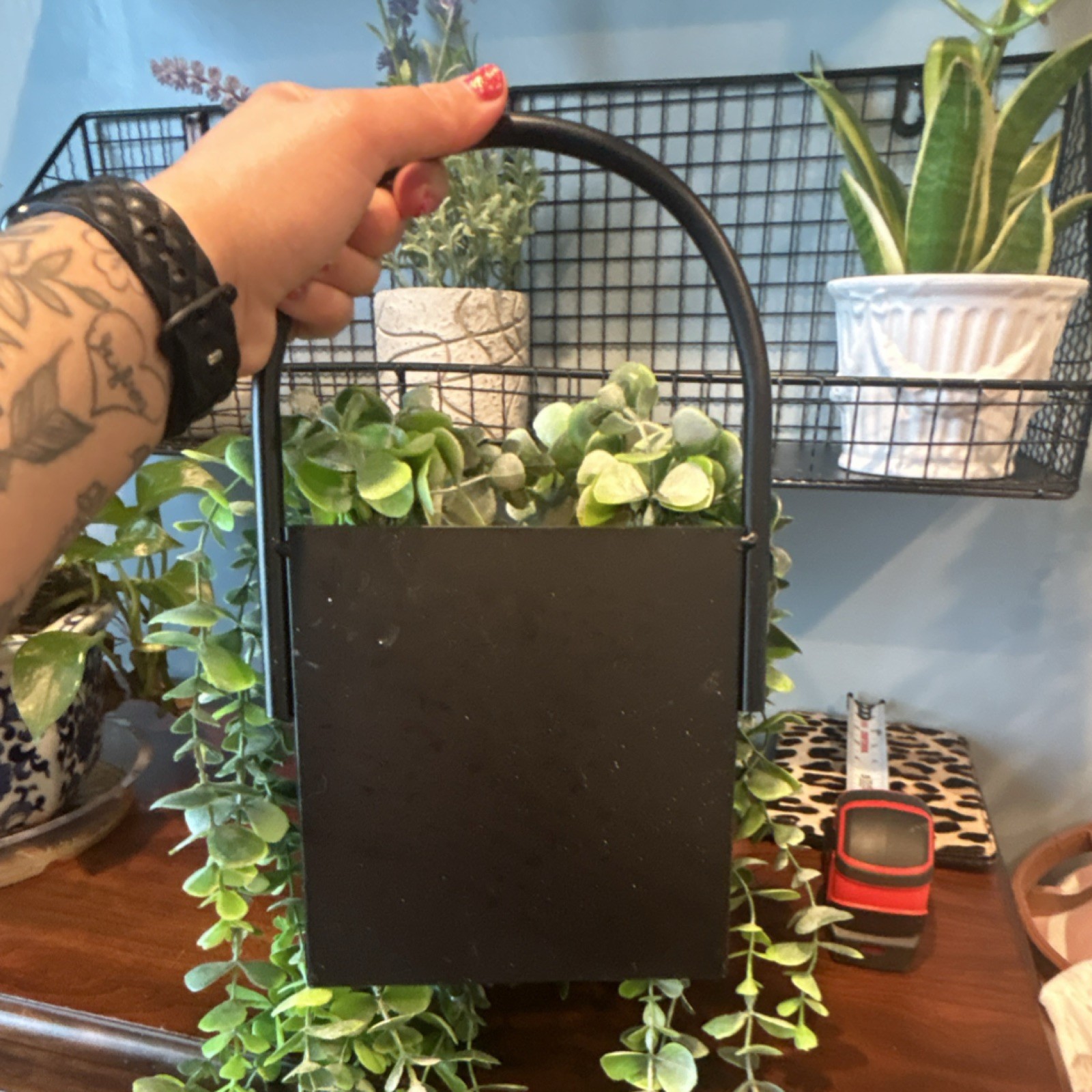 Artificial Green Eucalyptus Hanging Vine Wall Decor in Metal Basket