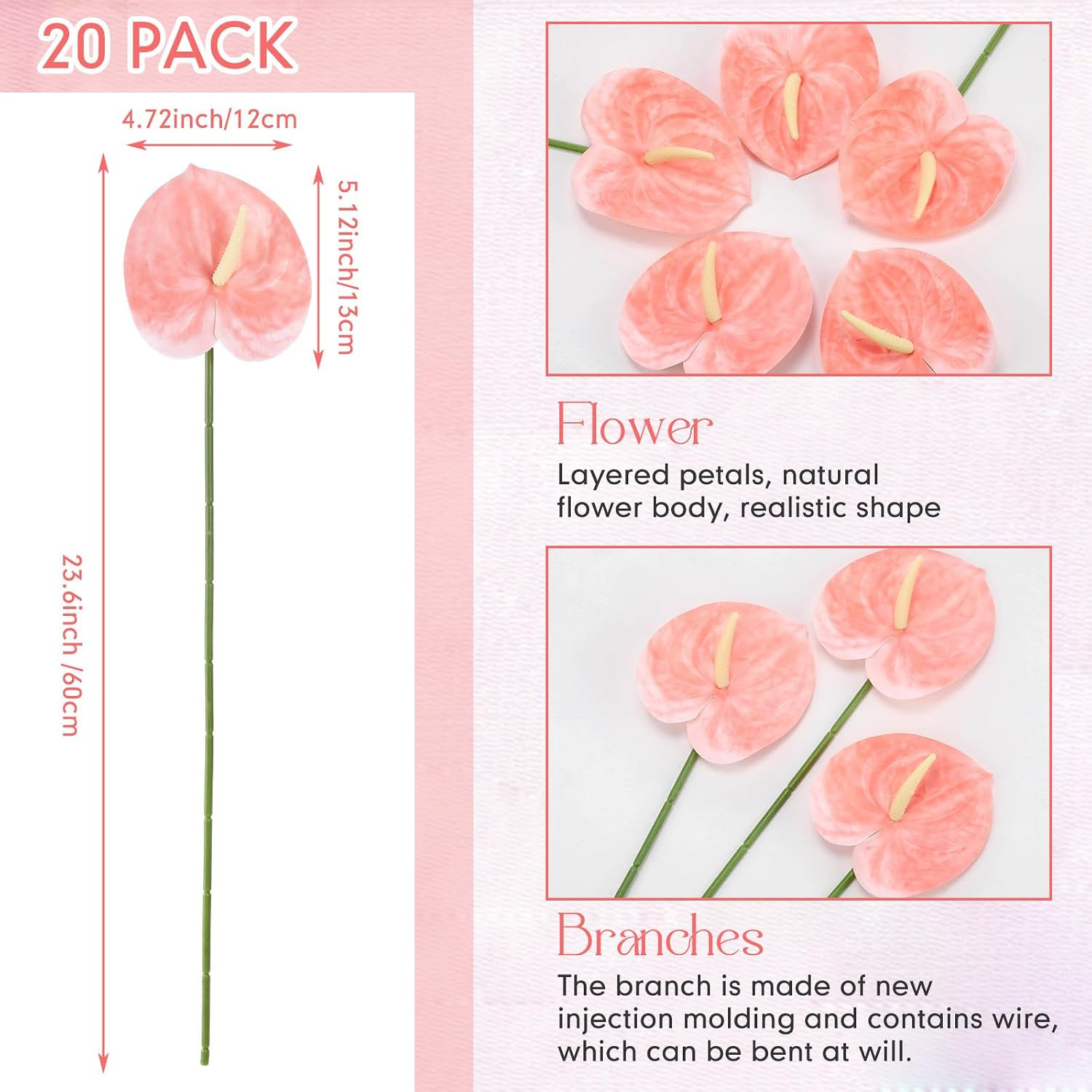 20 Pcs Pink Artificial Anthurium Flowers for Weddings & Home Decor