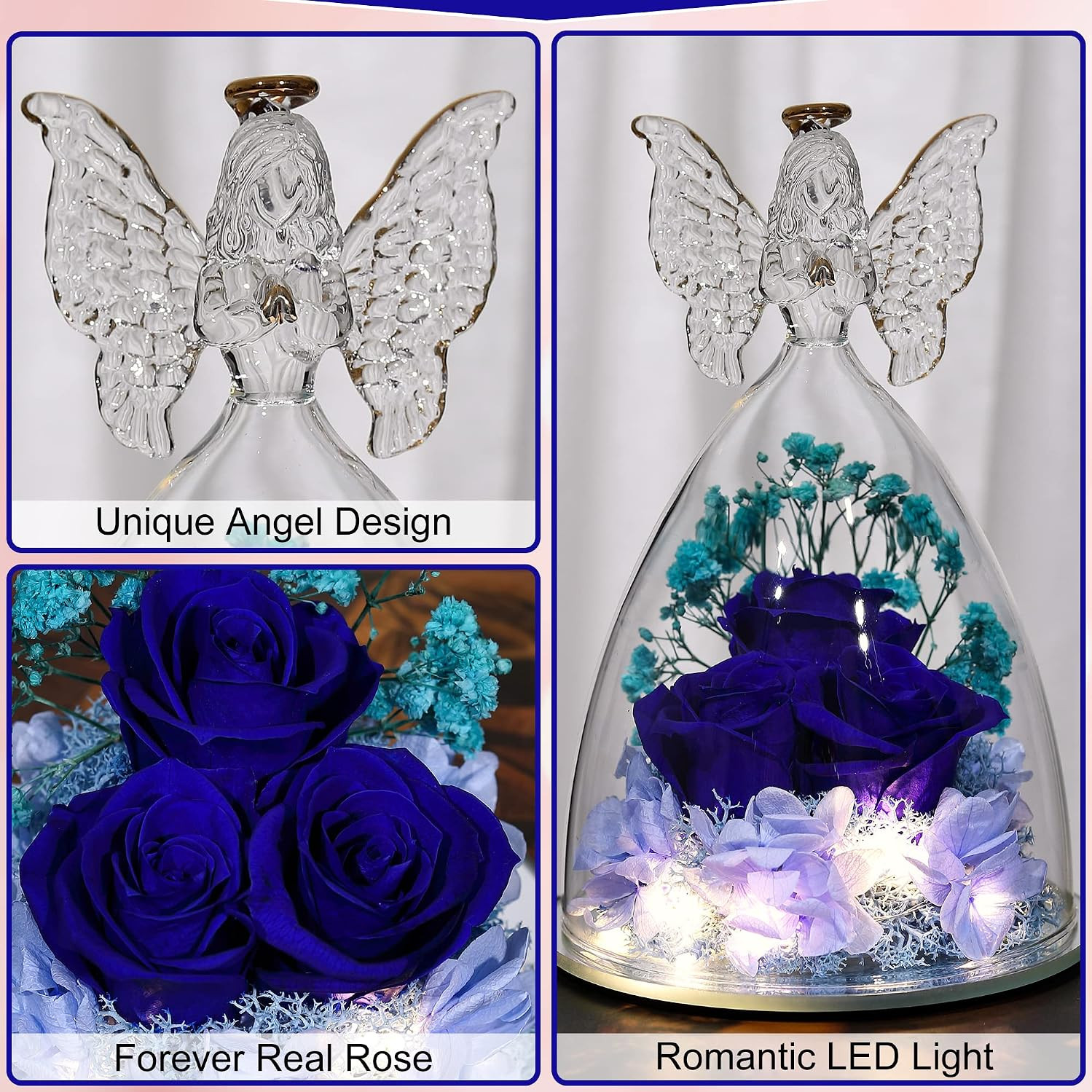 Mothers Day Rose Gifts for Women Preserved Real Flower in Glass Angel Figurines