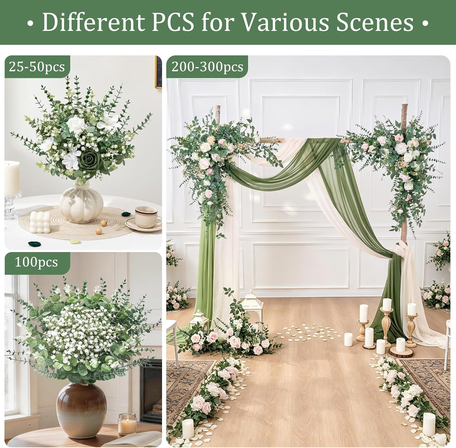 100 Pcs Eucalyptus Stems & Babys Breath Flowers for DIY Bouquets & Decor
