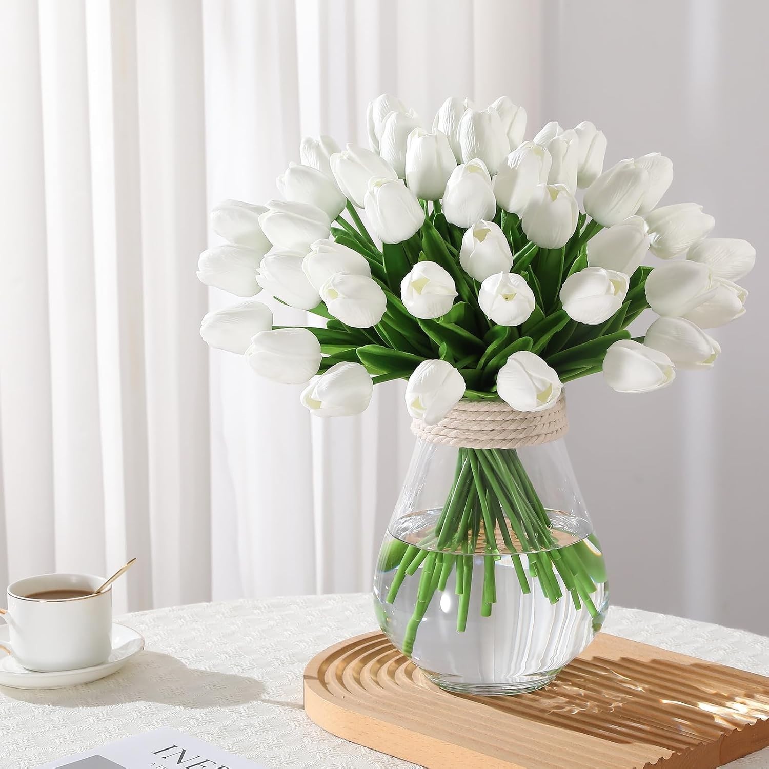 30 Pcs Artificial Tulips PU Faux Flowers, White Real Touch Fake Tulips for Va…