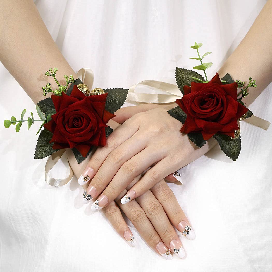 Red Rose Wrist Corsage Gold-Accented Artificial Flowers with Satin Ribbon Wed…