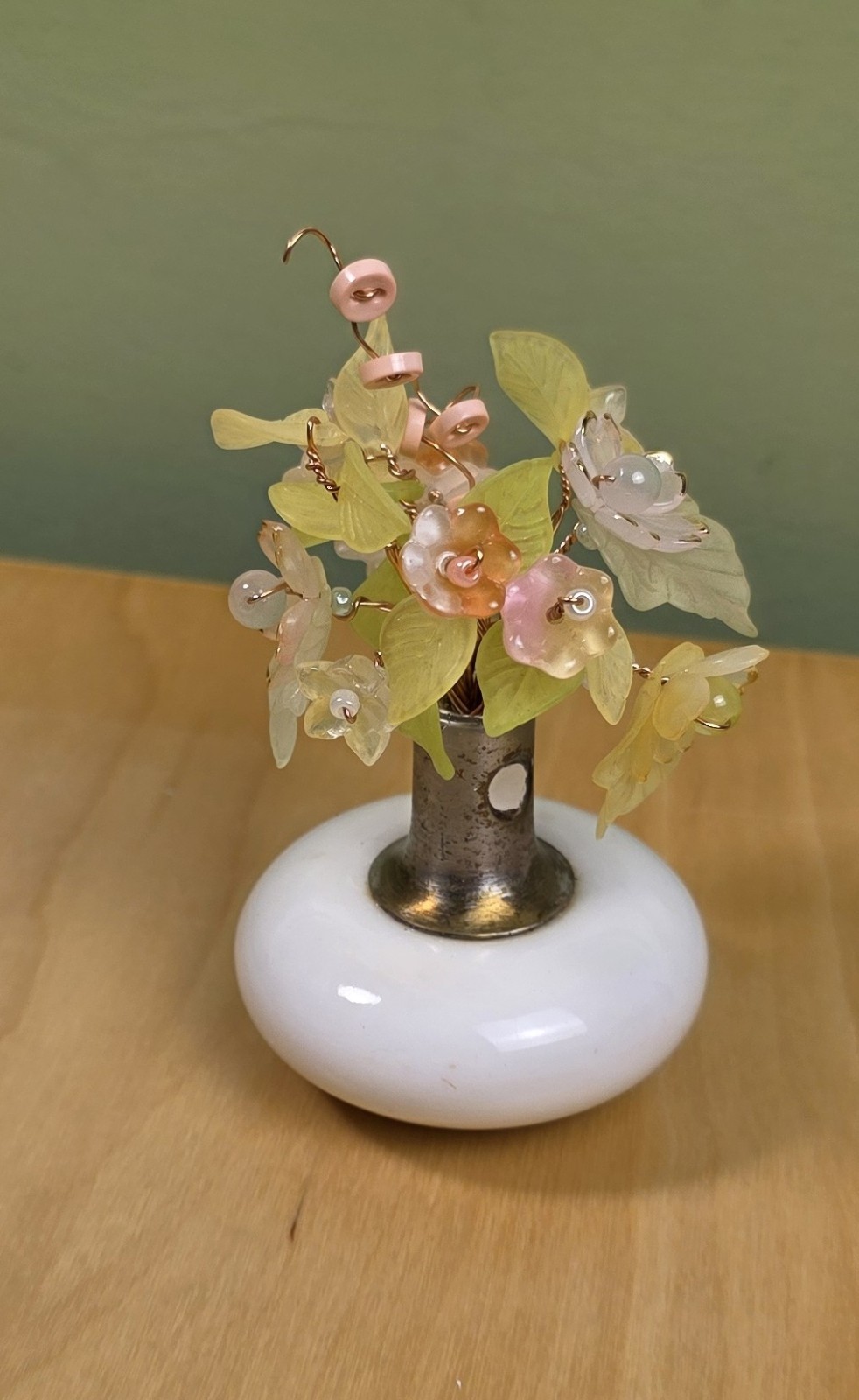 Forever Beaded Flower Bouquet – Glass & Acrylic in Doorknob Vase – OOAK – Peach