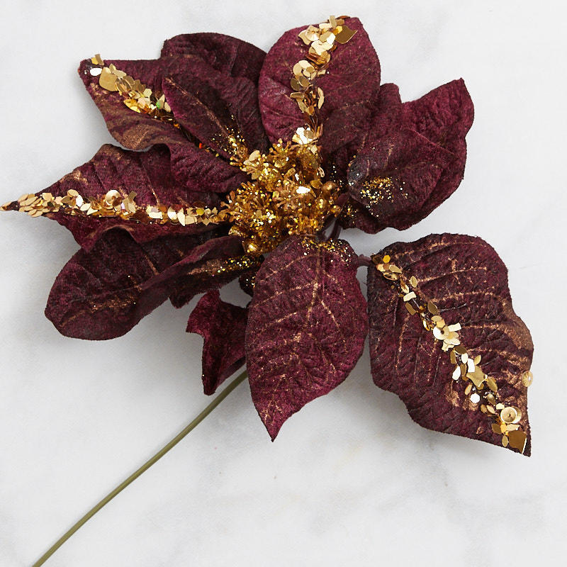 Set of 12 Velvet Purple Poinsettia 11″ Picks Trimmed in Gold Glitter
