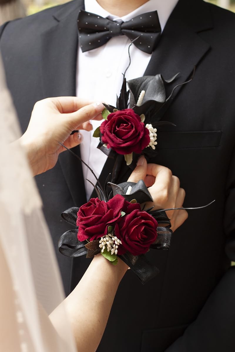 Black Burgundy Calla Lily Corsage and Boutonniere Set for Weddings and Proms