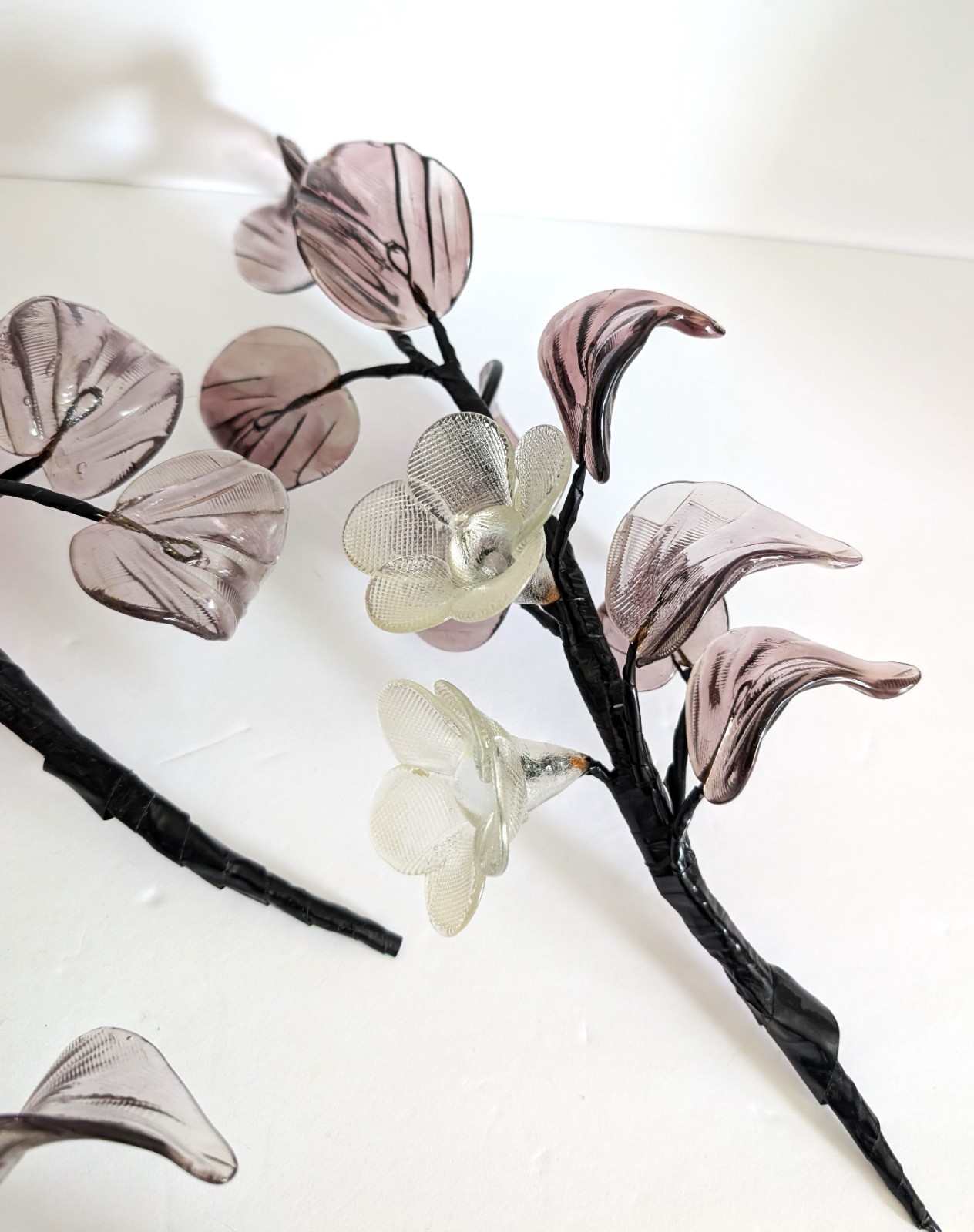 Vintage Hand Blown Glass Smoky Amethyst Flower Branches Set Of 3 Stalks MCM 15″