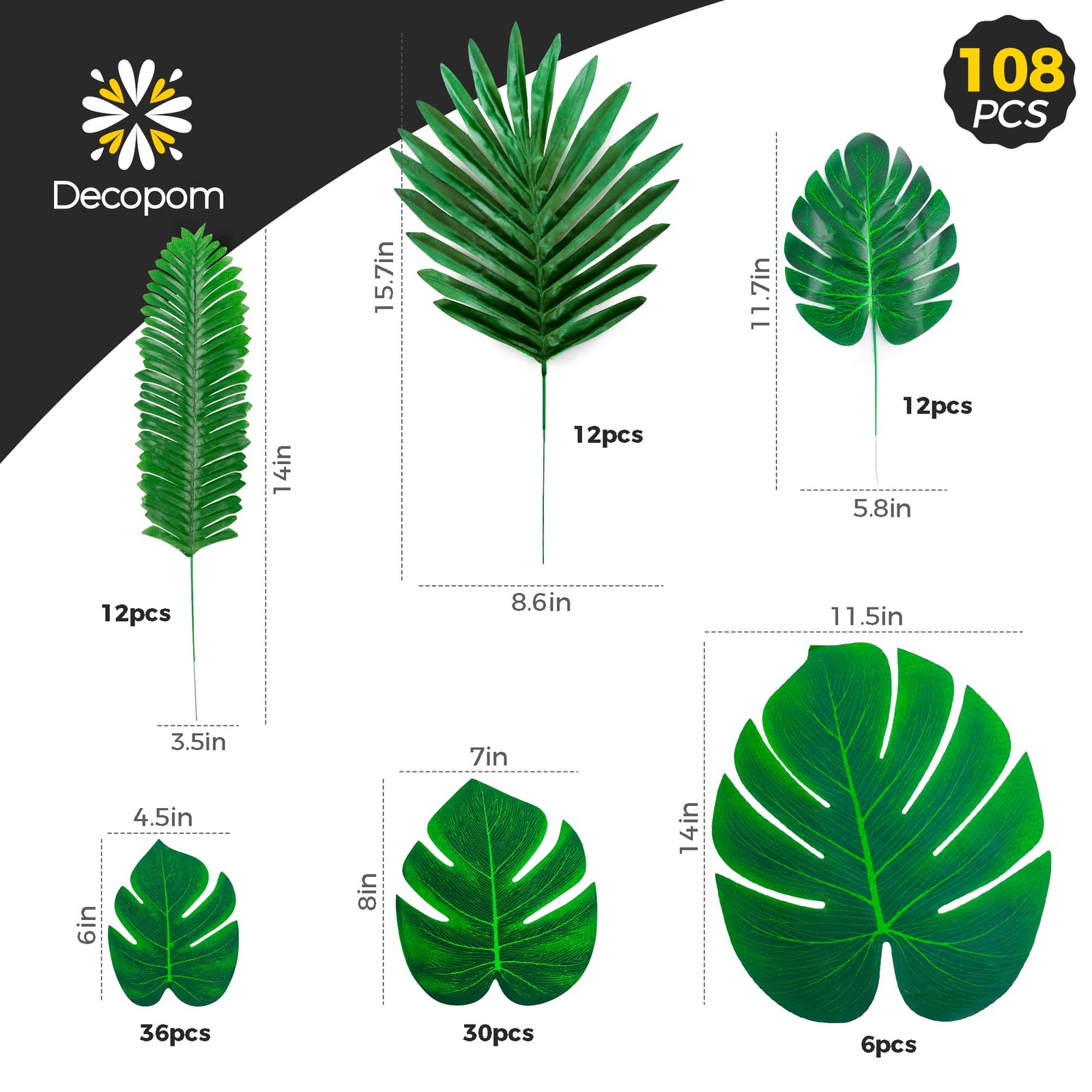 108 Pack Artificial Tropical Palm Leaves Monstera Luau Jungle Party Table Dec…