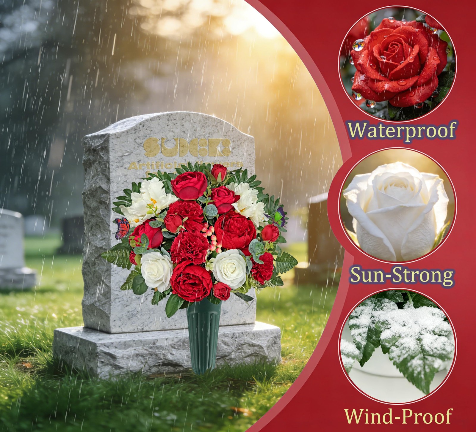 Cemetery Flowers with Vases for Grave Decor, Silk Lily Rose Carnation，Headsto…