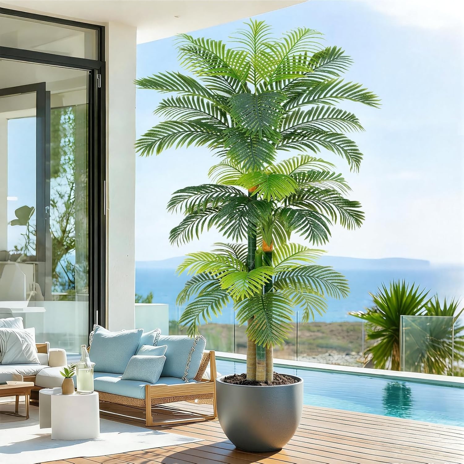 Elegant 8.5ft Faux Golden Cane Palm Tree in Pot – Low Maintenance Green Elegance