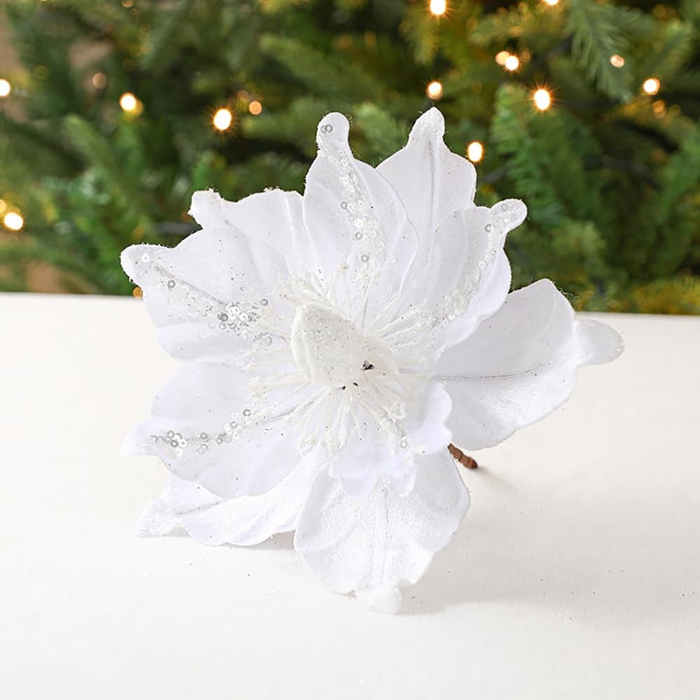 6 PCS White Artificial Poinsettia Magnolia Flowers Velvet Glitter Xmas Decor