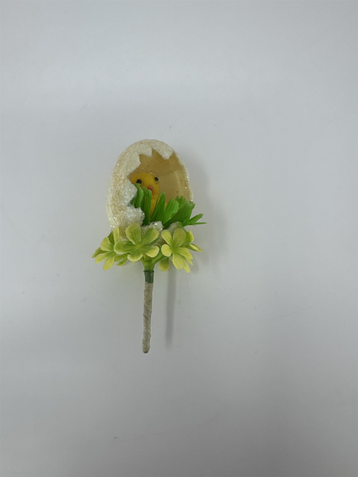 Vtg Easter Sugared Egg Diorama Floral Pick Flocked Chick Plastic Flower Spray 4″