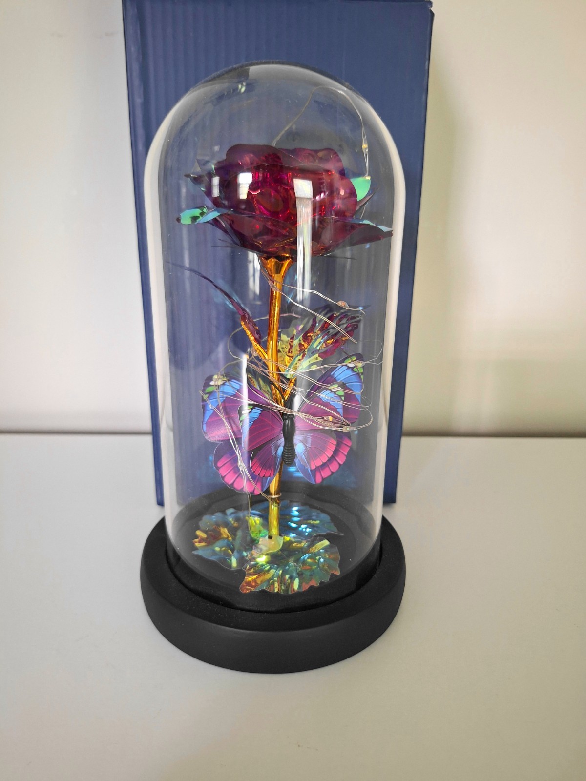 Light Up Rose in Glass Dome With Butterfly