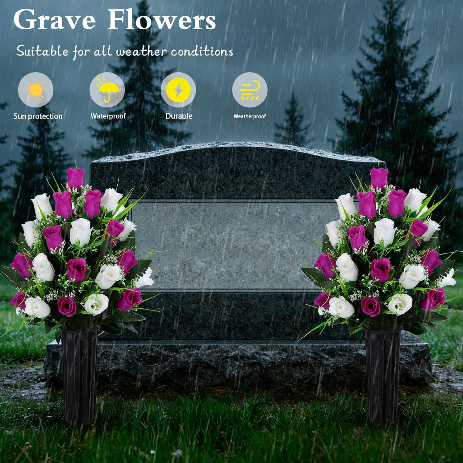 2 Sets Artificial Cemetery Flowers, Grave Decorations Roses, Memorial Flowers Bo