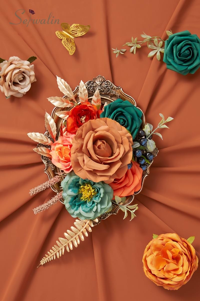 Spring Artificial Flowers Burnt Orange Teal Silk Cake Decor Floral Centerpiece