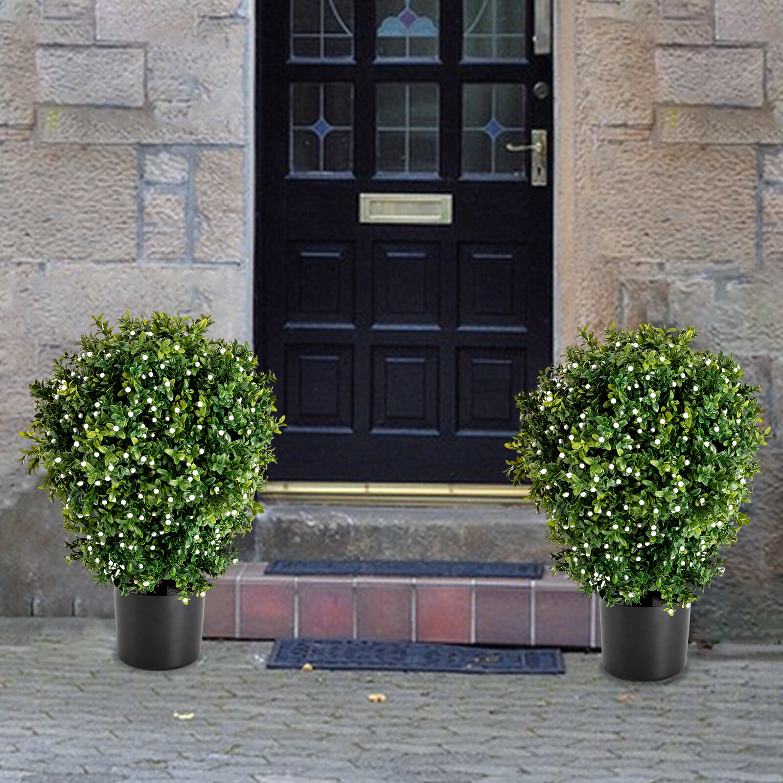 2 Pacs 20″ Tall Green Artificial Boxwood Topiary Ball Tree With White Flowers