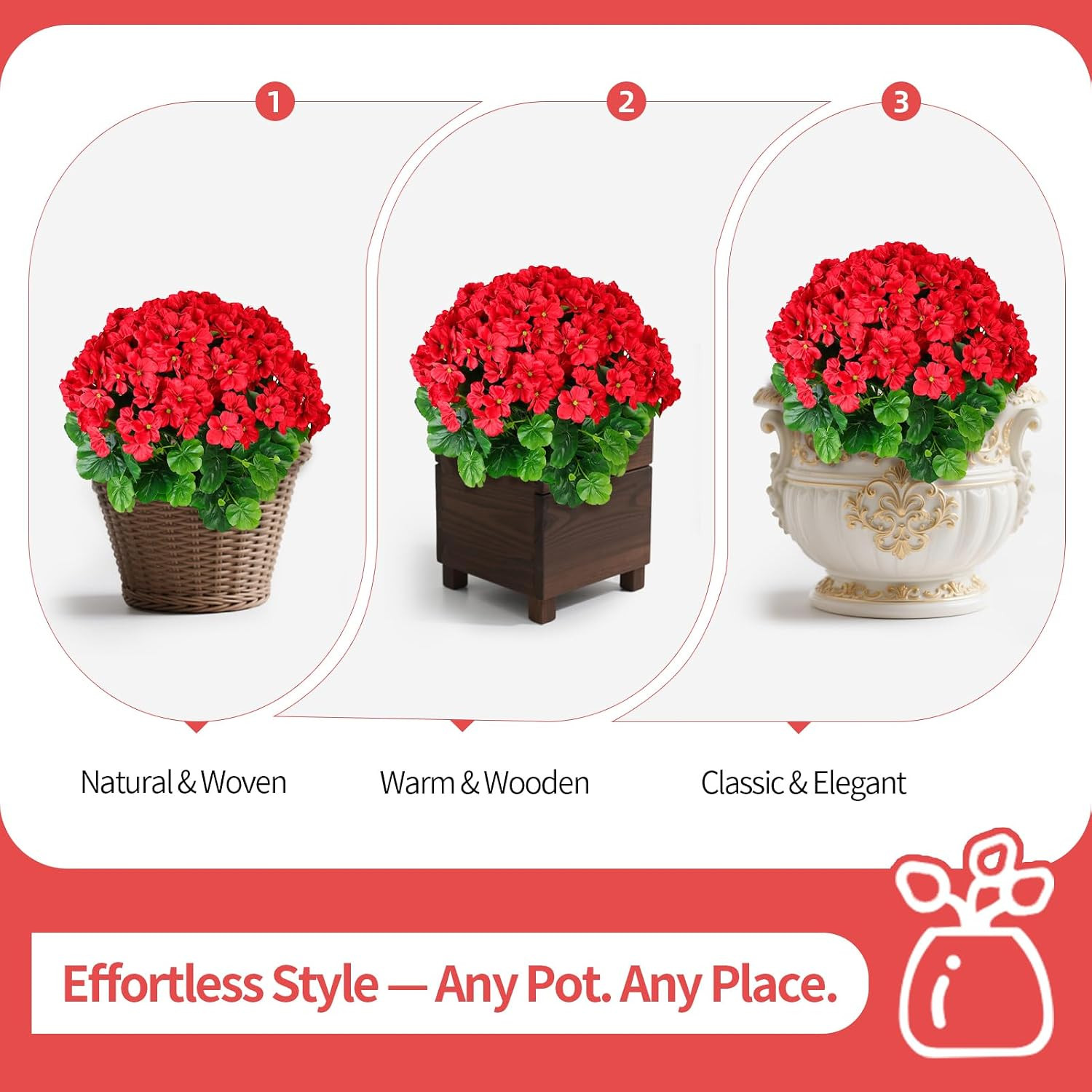 Realistic 18″ Deep Pink Geraniums – UV Resistant Faux Flowers for Home & Garden