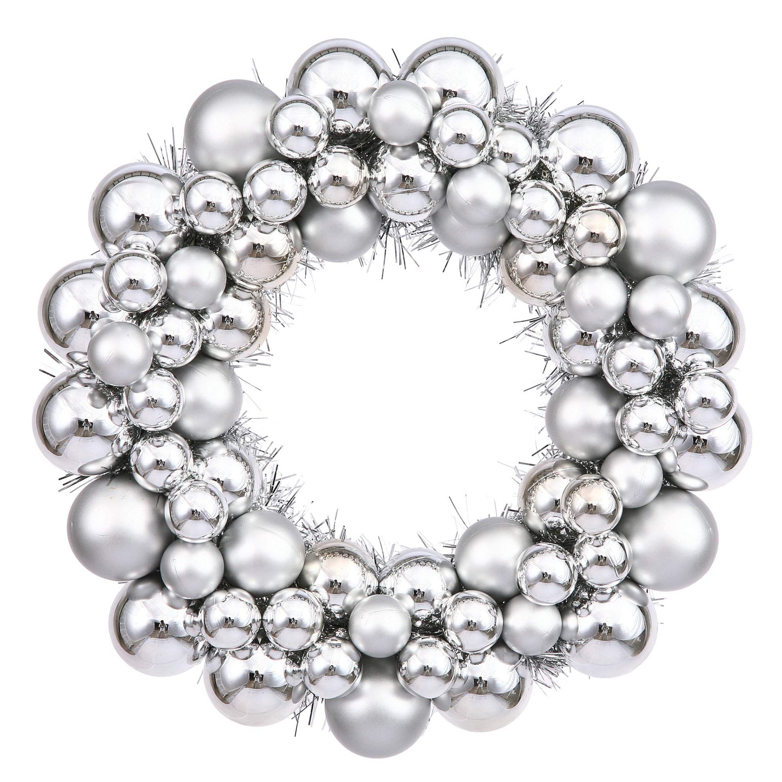 Vickerman 24″ Contemporary Plastic Ball Wreath in Shiny and Matte Silver
