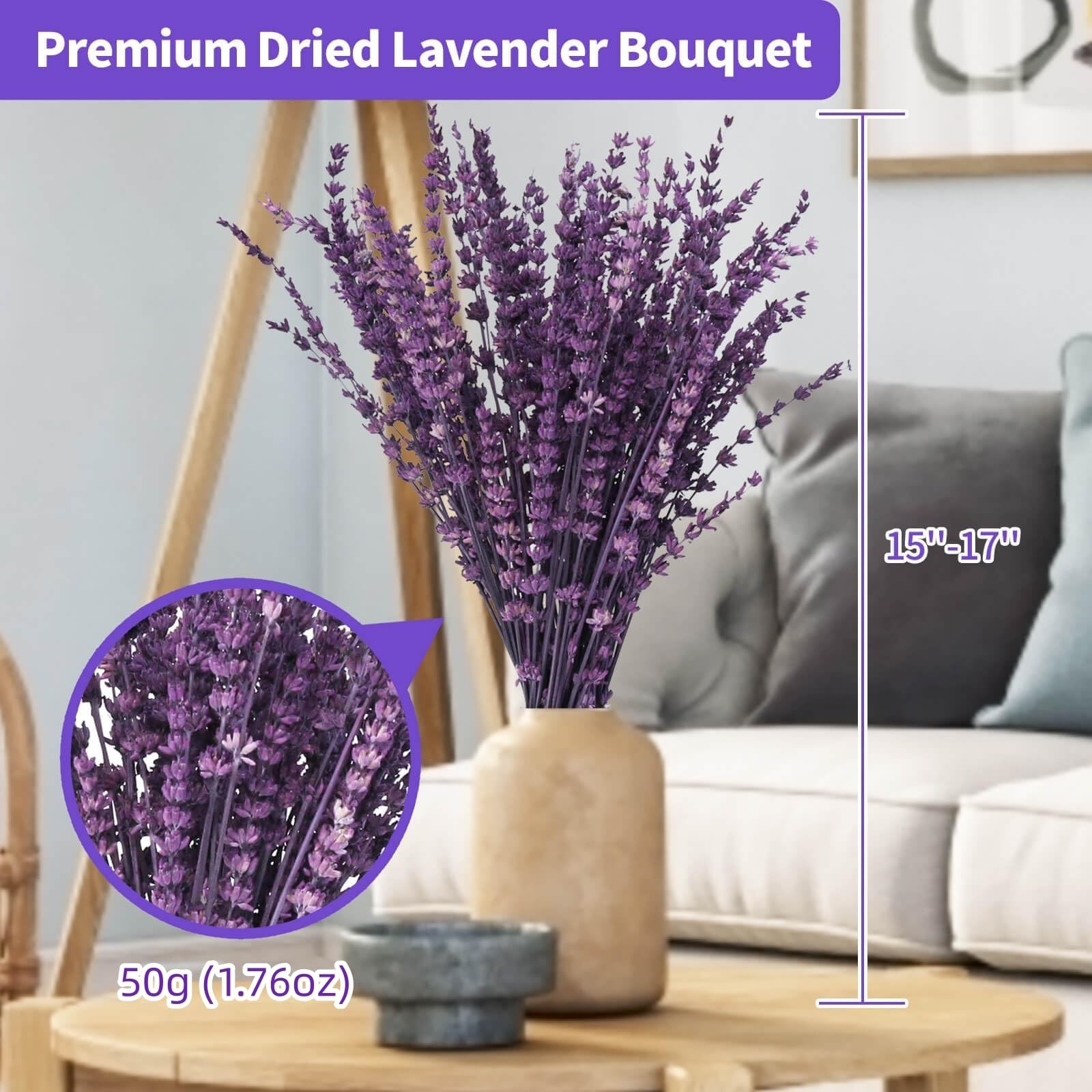 Elegant Dried Lavender Bouquet 15-17 Inches Preserved Purple Flowers for Home