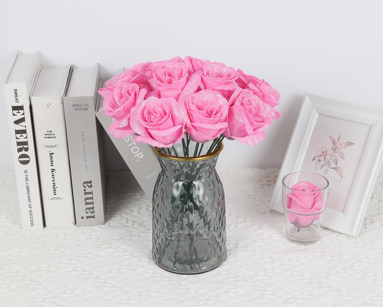 Pink Artificial Fake Glitter Roses Bling Silk Flowers DIY Craft Bouquet 30 PCS