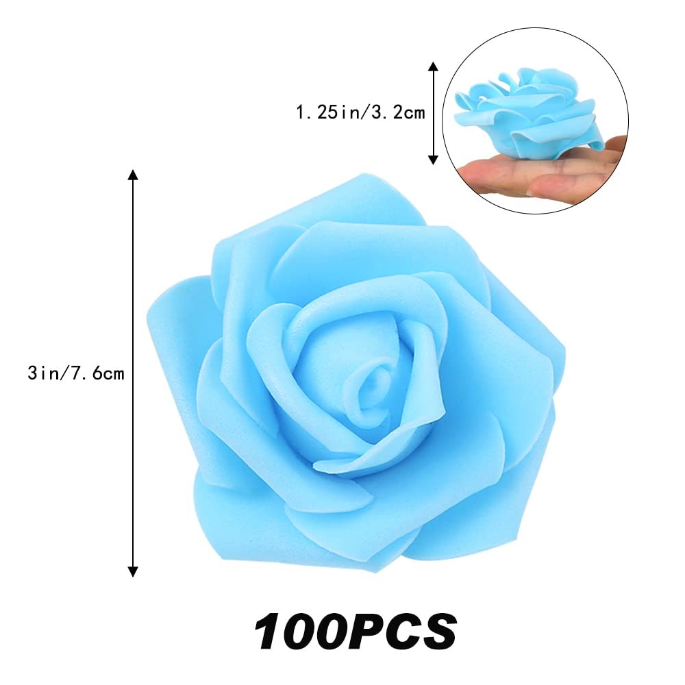 100 PCS Light Blue Foam Rose Heads Bulk Fake Flowers Wedding Bouquet DIY