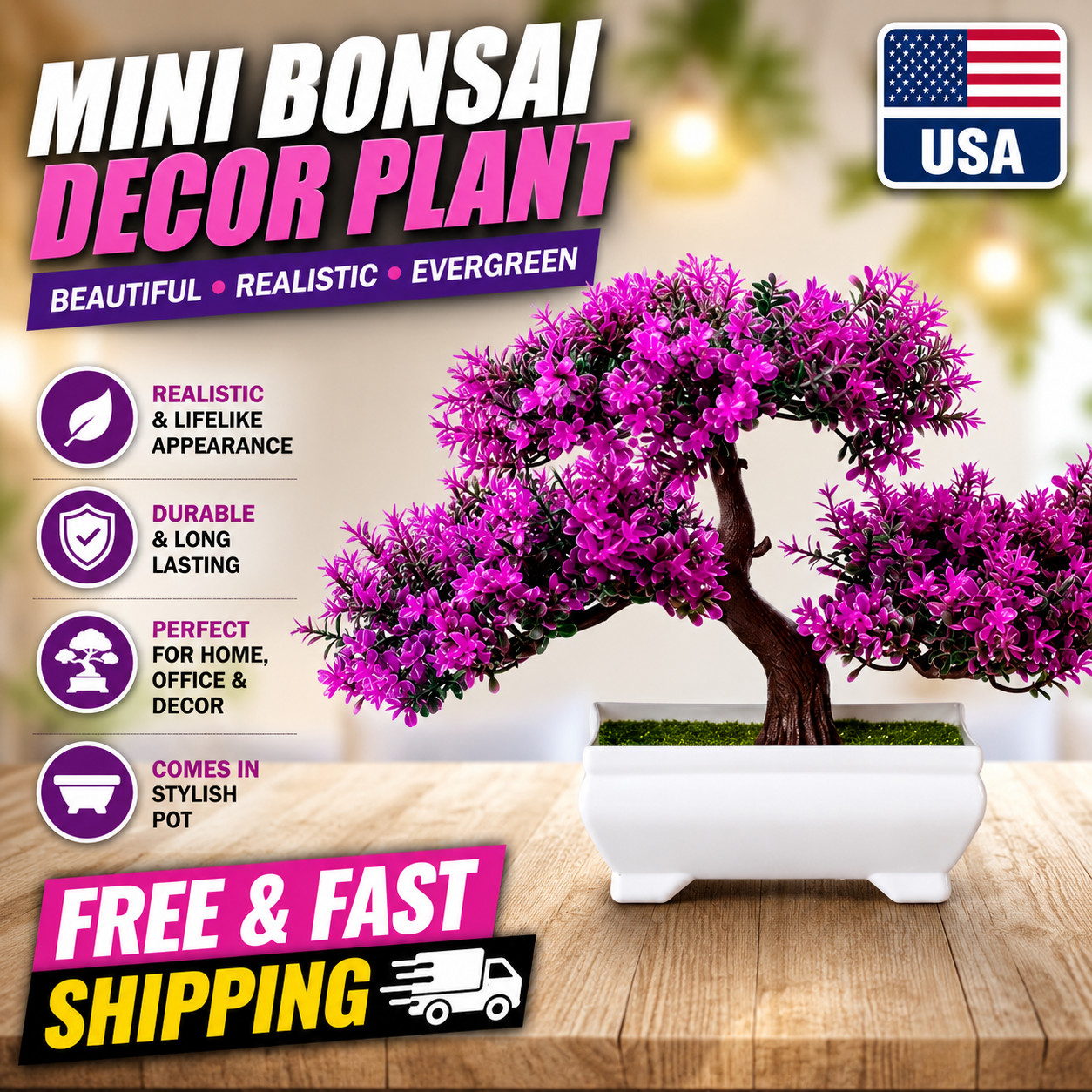 Artificial Bonsai Tree Potted Plant Fake Flowers Home Table Garden Decoration