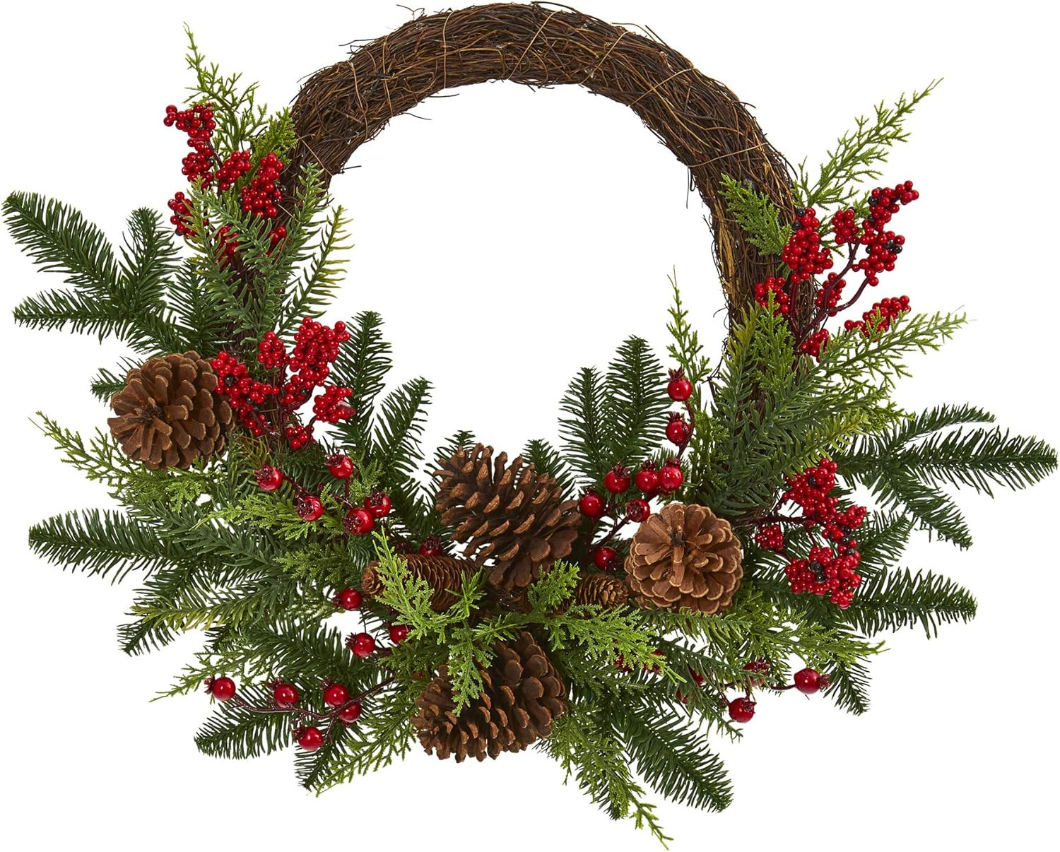 22In. Mixed Cedar with Berries and Pine Cones Artificial Wreaths, Green/Red , 3.