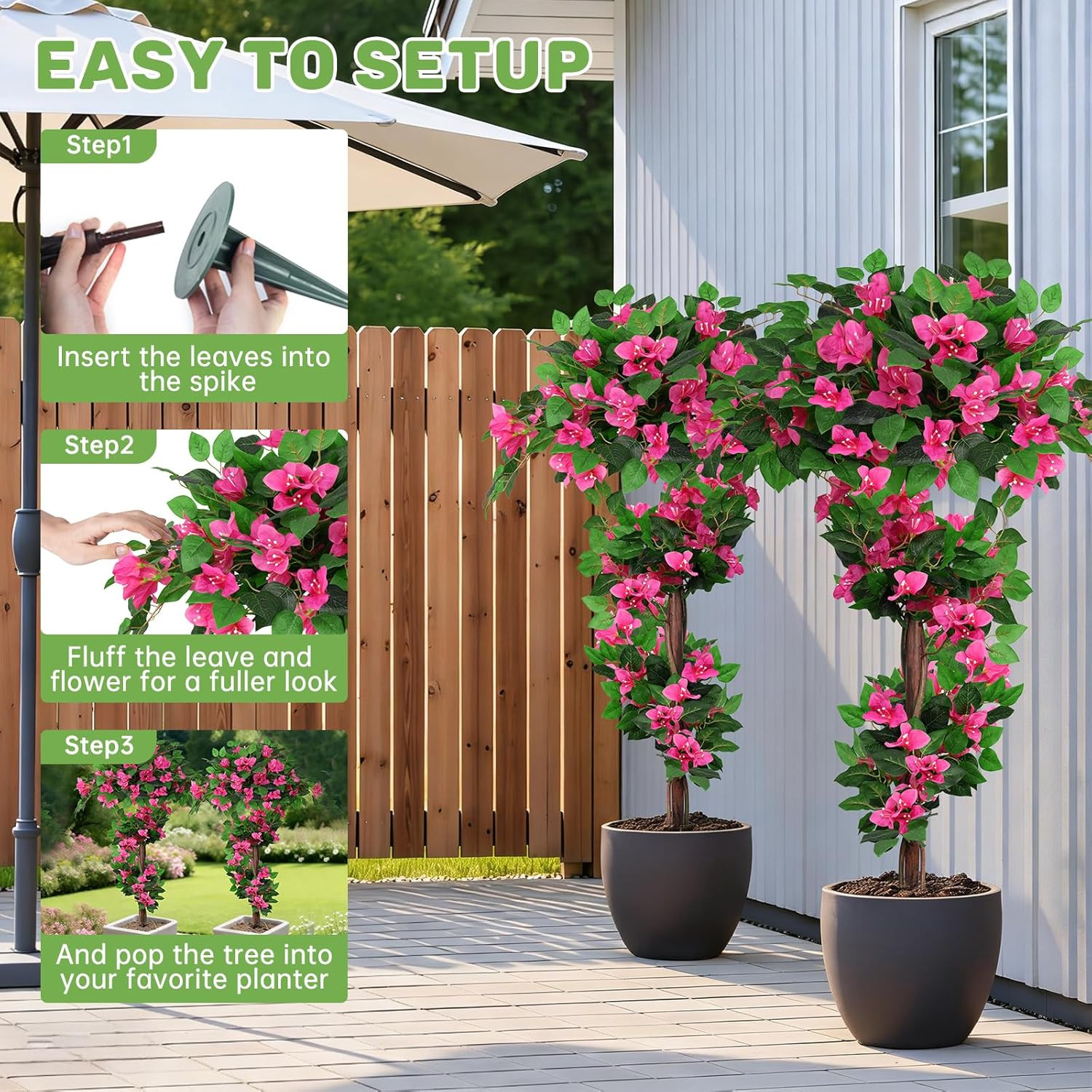 2Pack 4FT Faux Bougainvillea Topiary Trees for Outdoor Decor, UV Resistant
