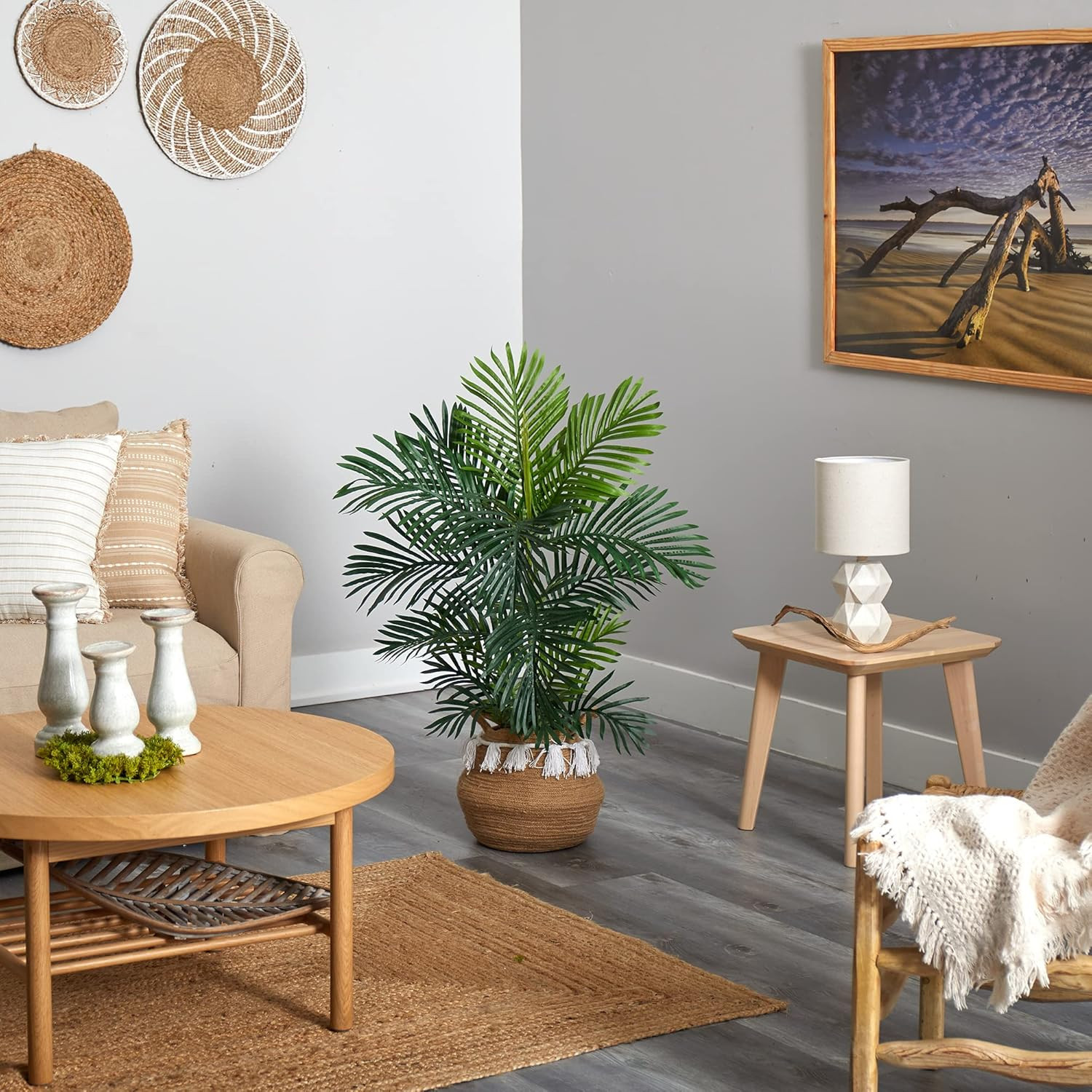 Boho Chic 40″ Areca Artificial Palm Tree in Woven Cotton Planter with Tassels
