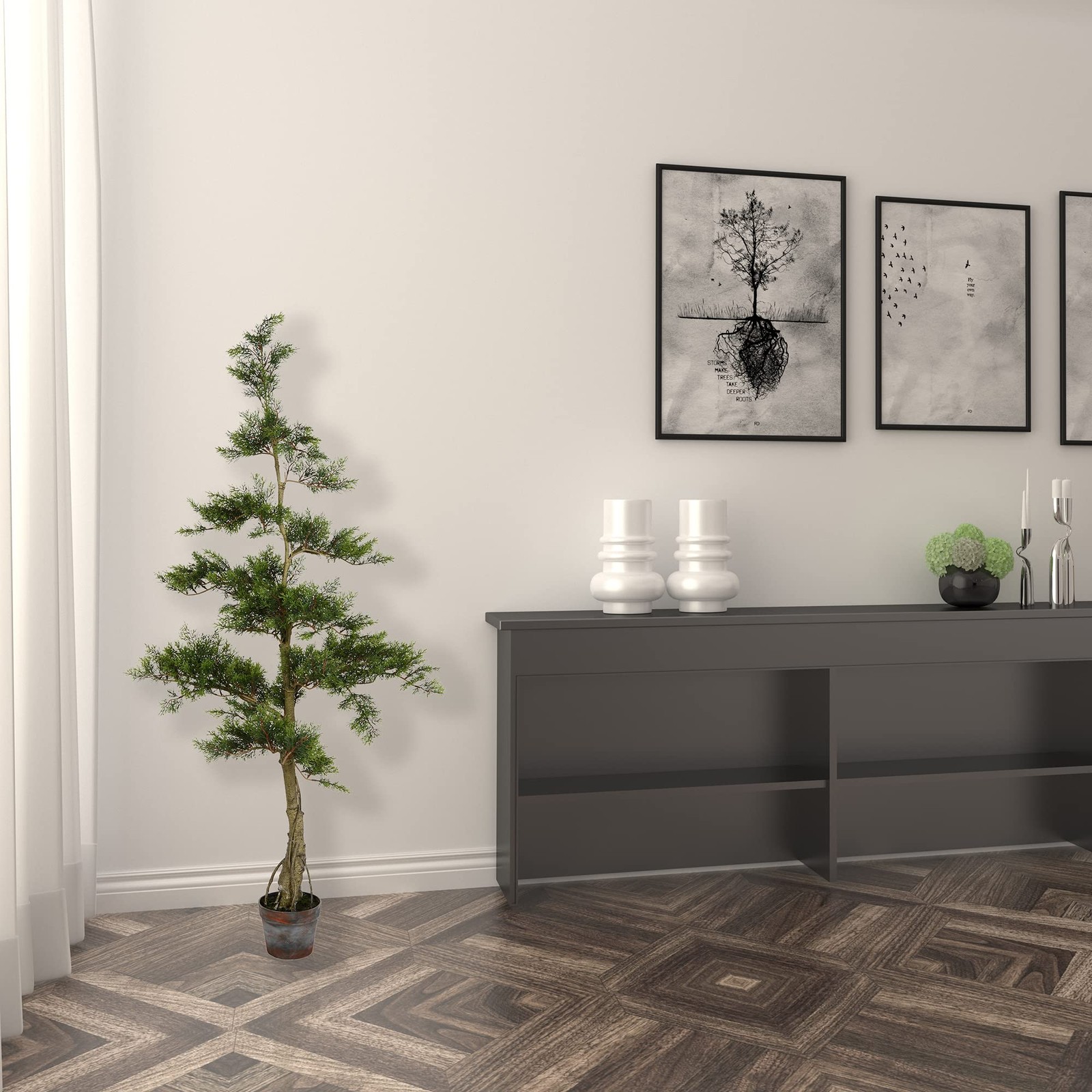 Pemberly Row 5′ Fabric Artificial Cedar Tree with Planters Pot in Green